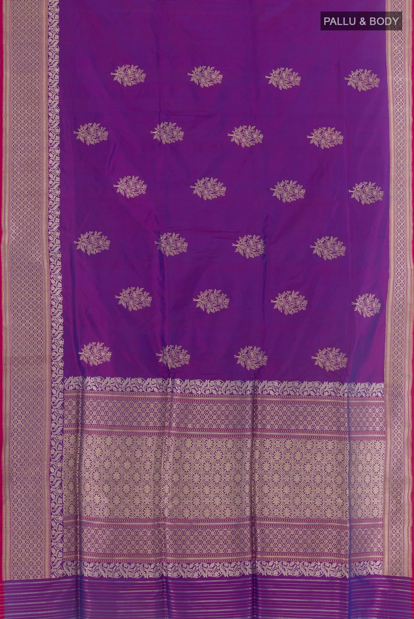 Flat view of Purple Banarasi Silk Saree with Zari Butta on the body and Zari Border. 