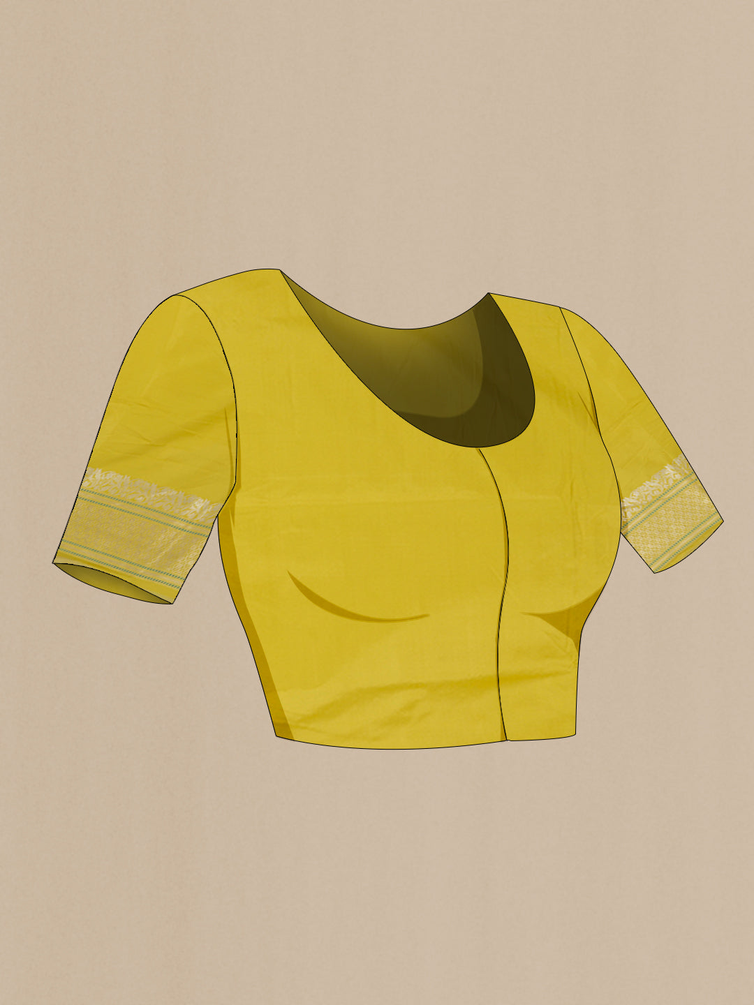 Close up image of the blouse of Yellow Banarasi Silk Saree with Zari Butta on the body and Zari Border. 