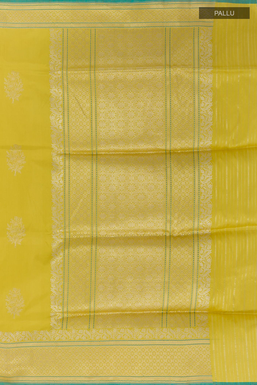 Close up image of the pallu of Yellow Banarasi Silk Saree with Zari Butta on the body and Zari Border. 