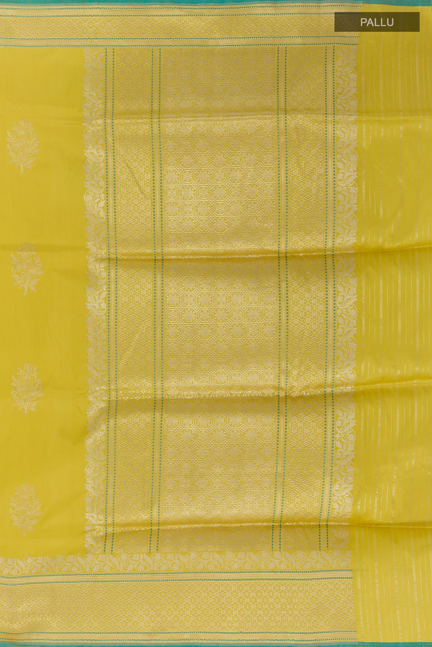 Close up image of the pallu of Yellow Banarasi Silk Saree with Zari Butta on the body and Zari Border. 