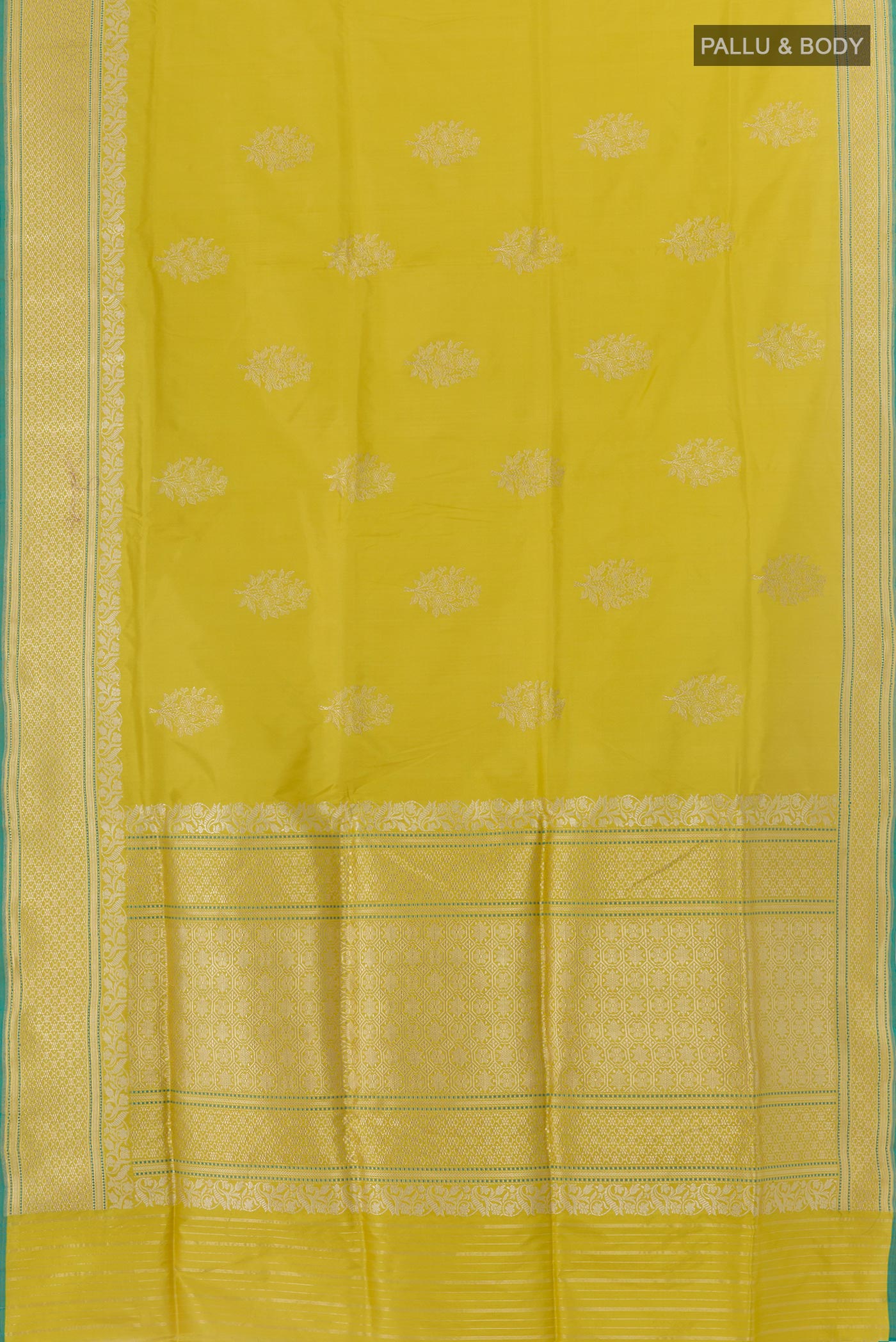 Flat view of Yellow Banarasi Silk Saree with Zari Butta on the body and Zari Border. 