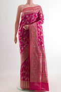 Pink Banarasi Silk Saree with Zari Brocade on the body and Zari Border.  displayed on a mannequin