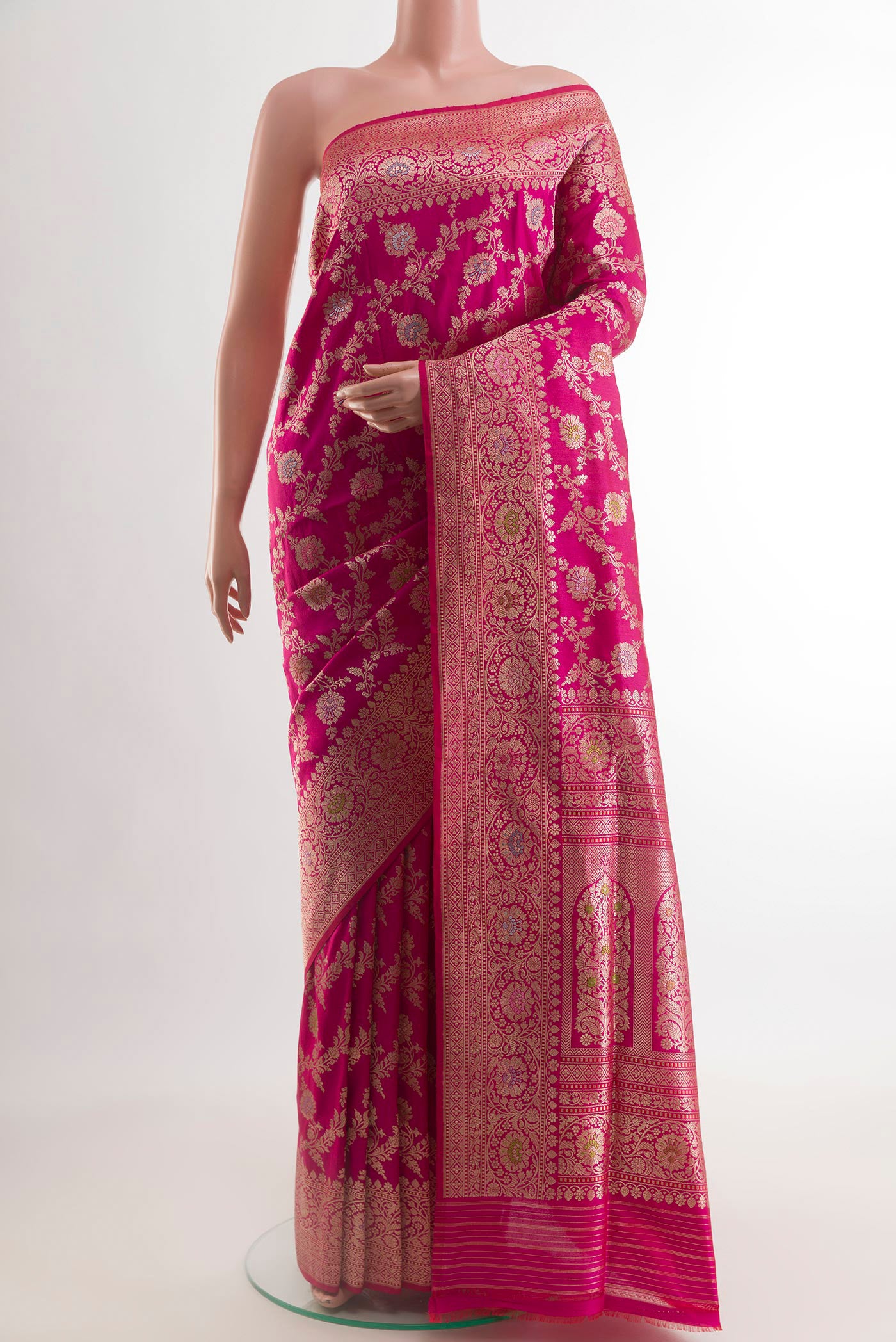 Pink Banarasi Silk Saree with Zari Brocade on the body and Zari Border.  displayed on a mannequin
