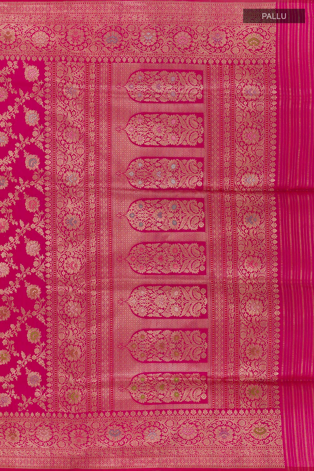 Close up image of the pallu of Pink Banarasi Silk Saree with Zari Brocade on the body and Zari Border. 