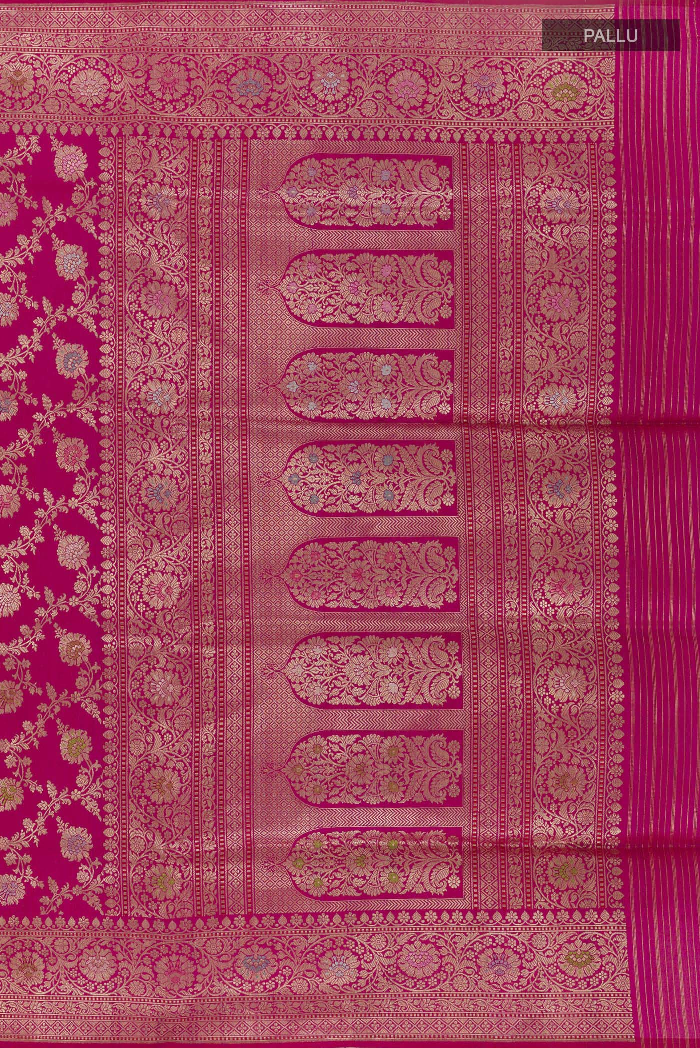 Close up image of the pallu of Pink Banarasi Silk Saree with Zari Brocade on the body and Zari Border. 