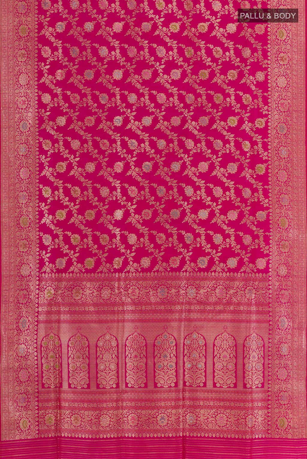 Flat view of Pink Banarasi Silk Saree with Zari Brocade on the body and Zari Border. 