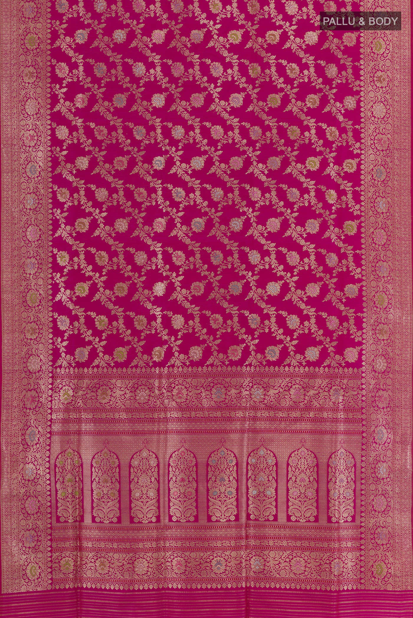 Flat view of Pink Banarasi Silk Saree with Zari Brocade on the body and Zari Border. 