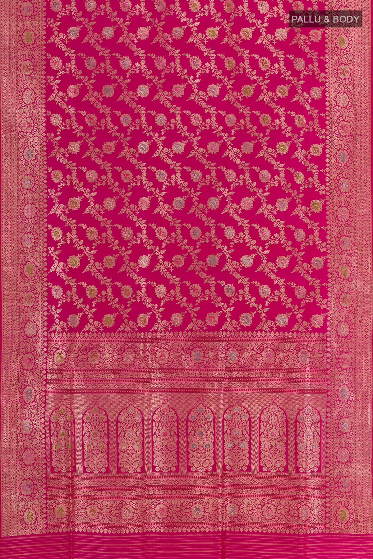 Flat view of Pink Banarasi Silk Saree with Zari Brocade on the body and Zari Border. 