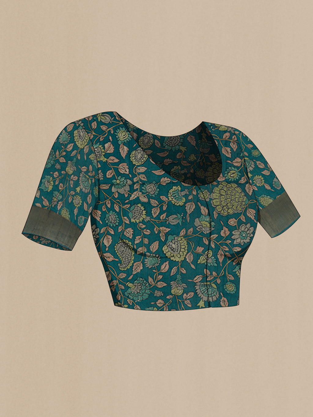Close up image of the blouse of Blue Tussar Silk Saree with Printed design on the body and Zari Border. 