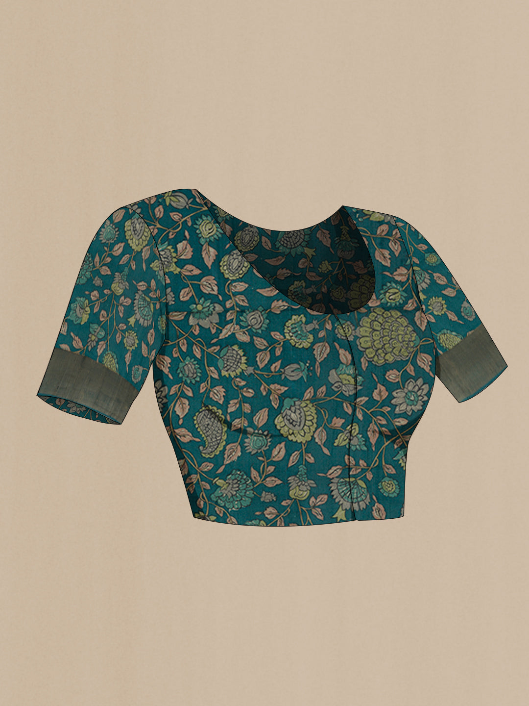 Close up image of the blouse of Blue Tussar Silk Saree with Printed design on the body and Zari Border. 