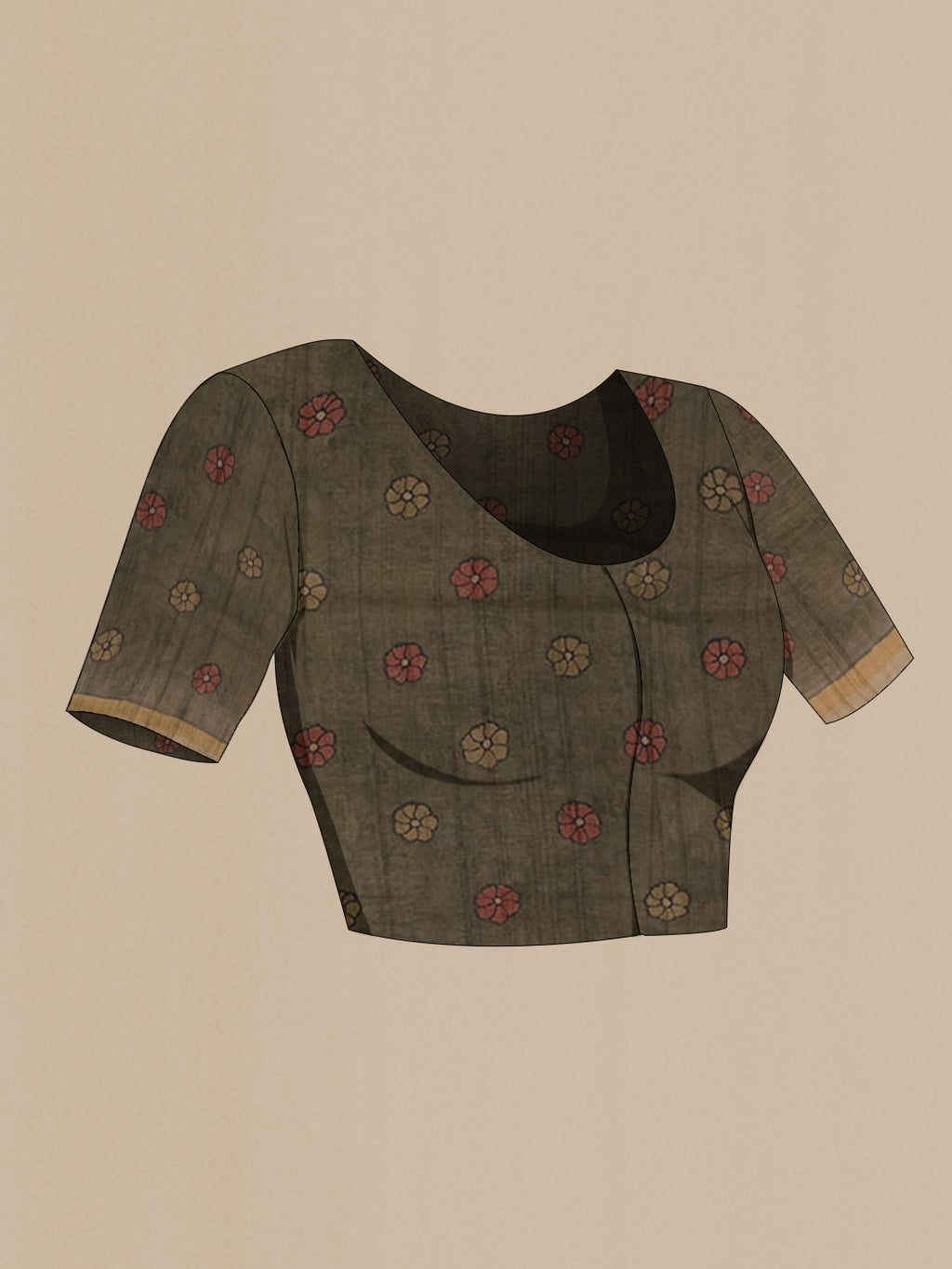 Close up image of the blouse of Beige Tussar Silk Saree with kalamkari Print on the body and Zari Border. 