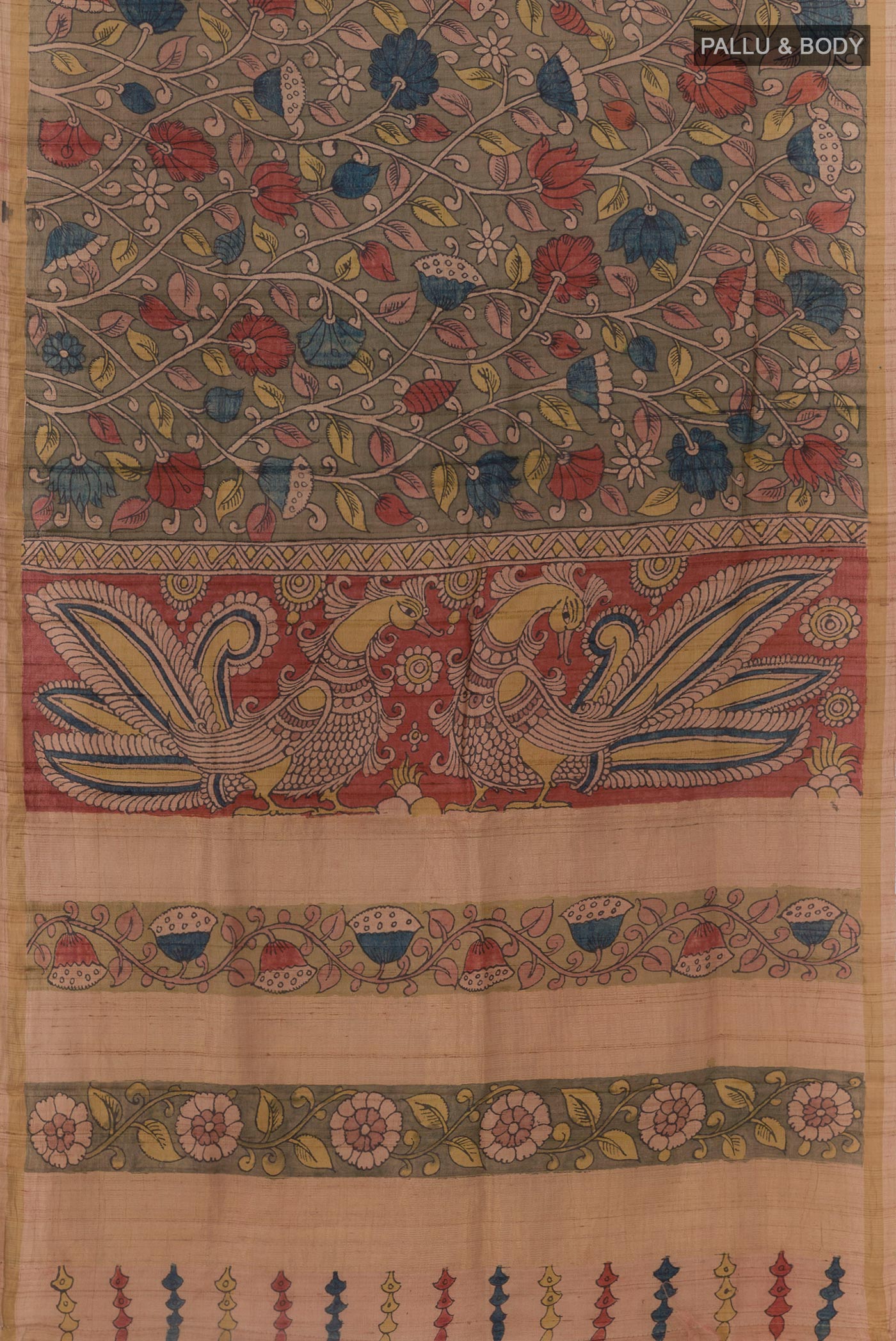 Flat view of Mehandi Green Tussar Silk Saree with kalamkari Print on the body and Zari Border. 