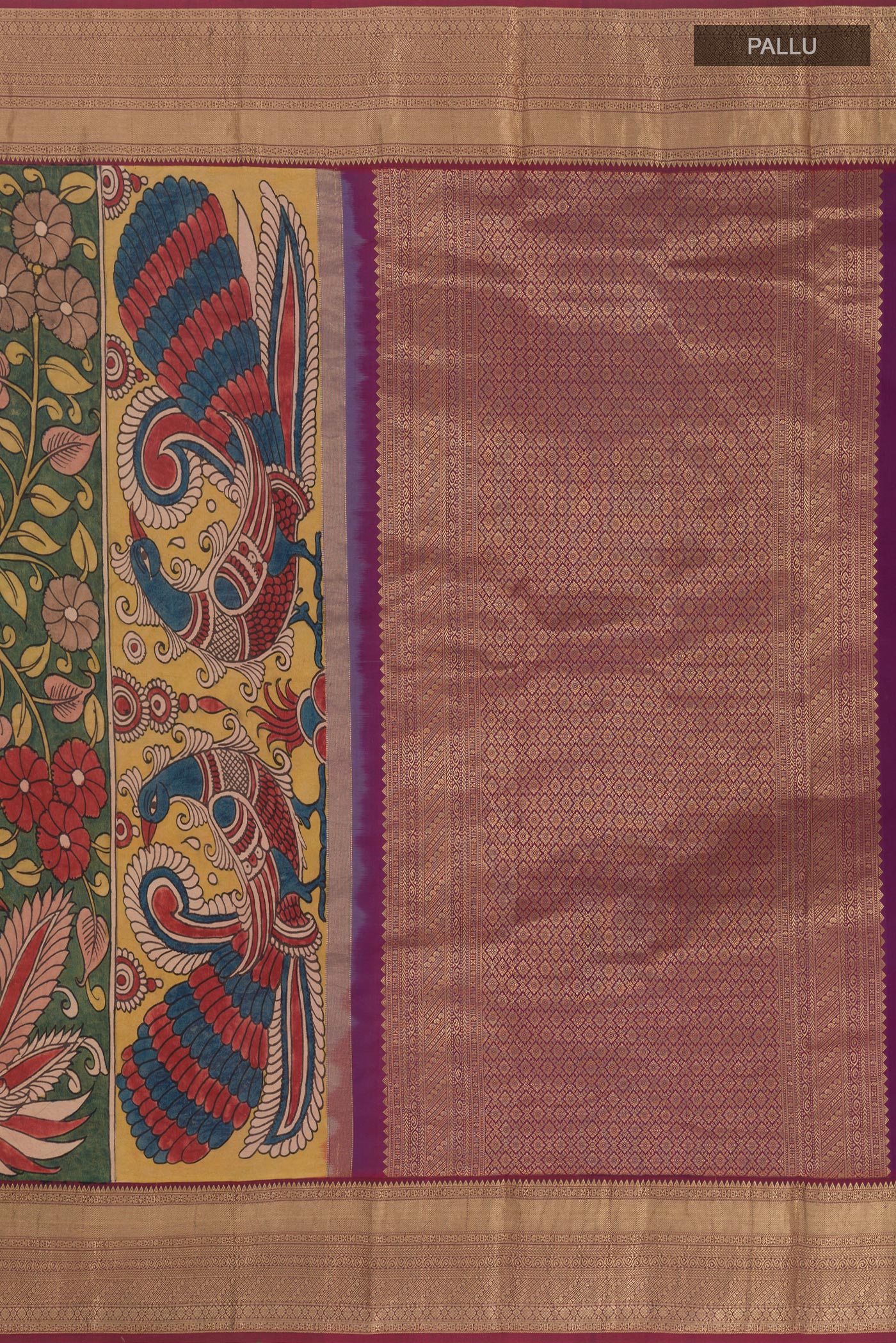 Close up image of the pallu of Green Kanjivaram Silk Saree with kalamkari Print on the body and Zari Border. 