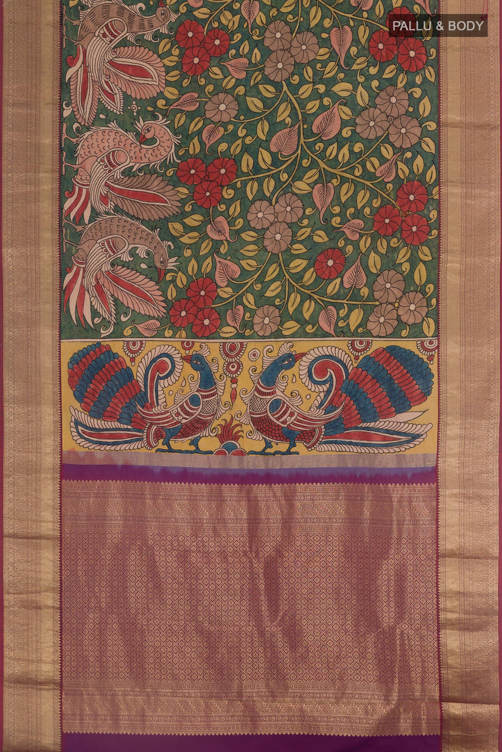 Flat view of Green Kanjivaram Silk Saree with kalamkari Print on the body and Zari Border. 