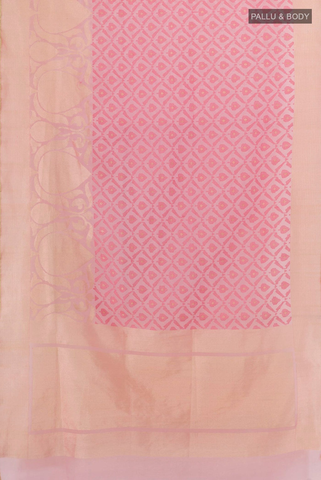 Flat view of Rose pink Banarasi Kora Silk Saree with Jacquard design on the body and Zari Border. 