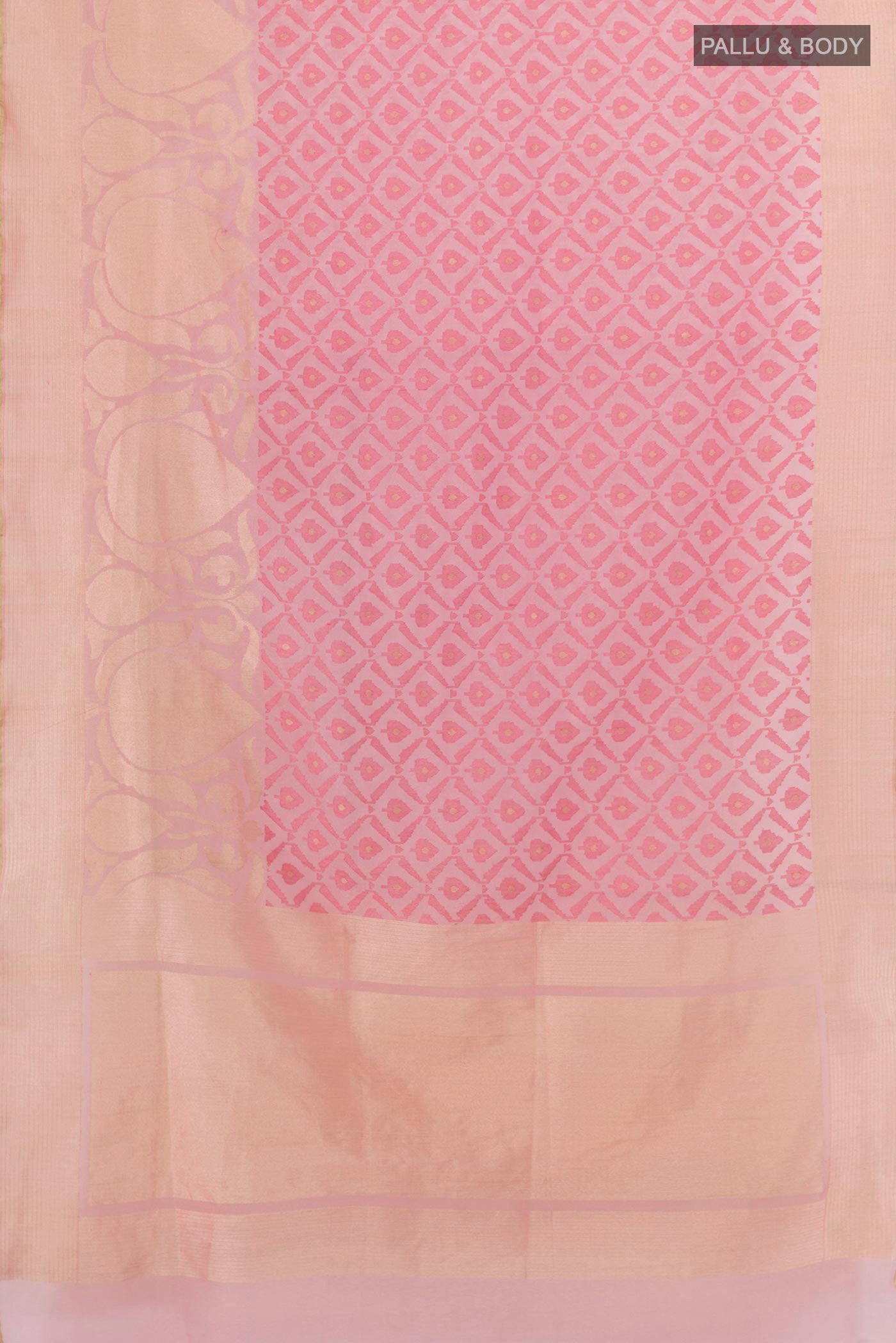 Flat view of Rose pink Banarasi Kora Silk Saree with Jacquard design on the body and Zari Border. 