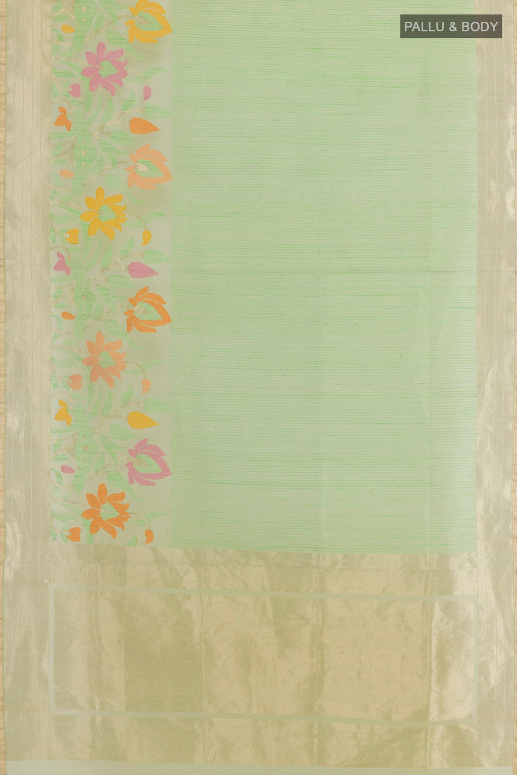 Flat view of Pista Green Banarasi Kora Silk Saree with Plain Body and Zari Border. 
