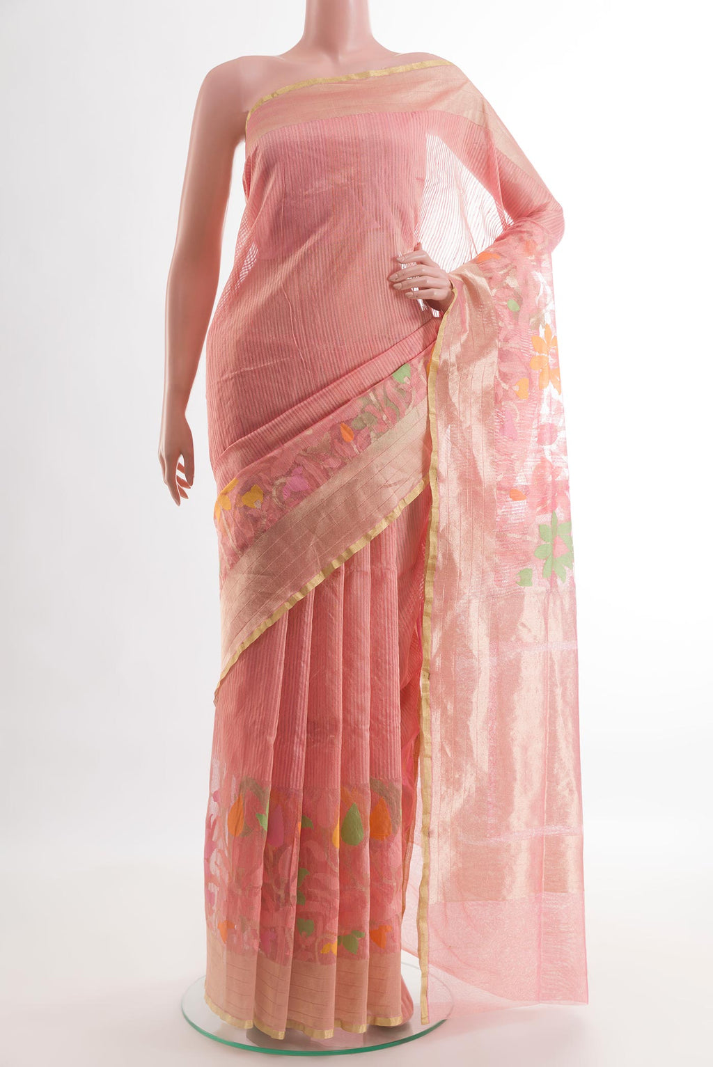 Rose pink Banarasi Kora Silk Saree with Stripes on the body and Zari Border.  displayed on a mannequin