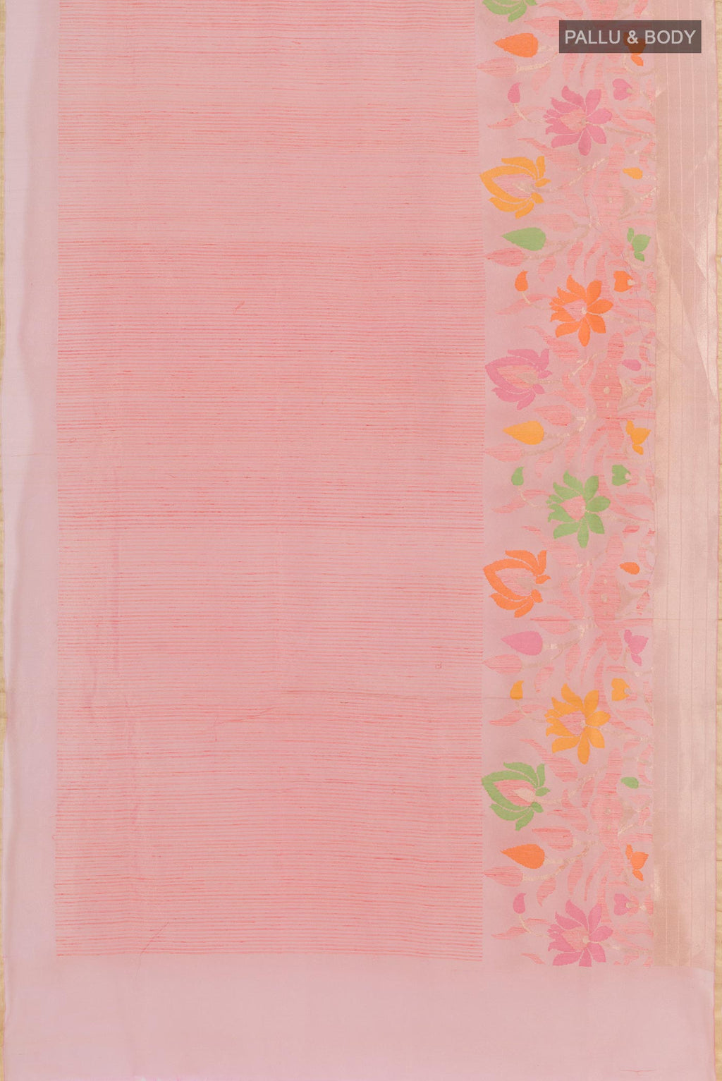 Flat view of Rose pink Banarasi Kora Silk Saree with Stripes on the body and Zari Border. 
