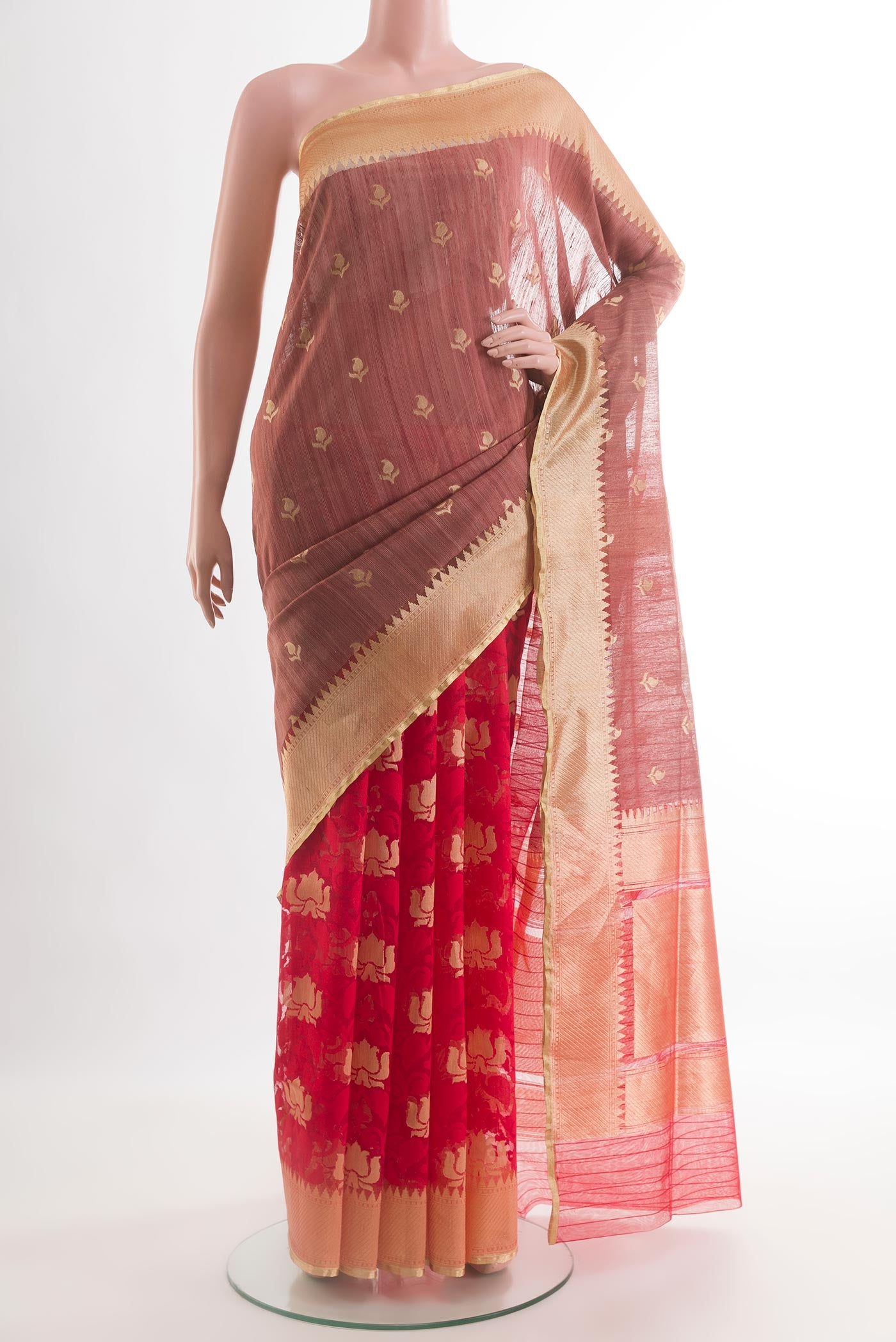Multi Color Banarasi Kora Silk Saree with Half And Half on the body and Zari Border.  displayed on a mannequin