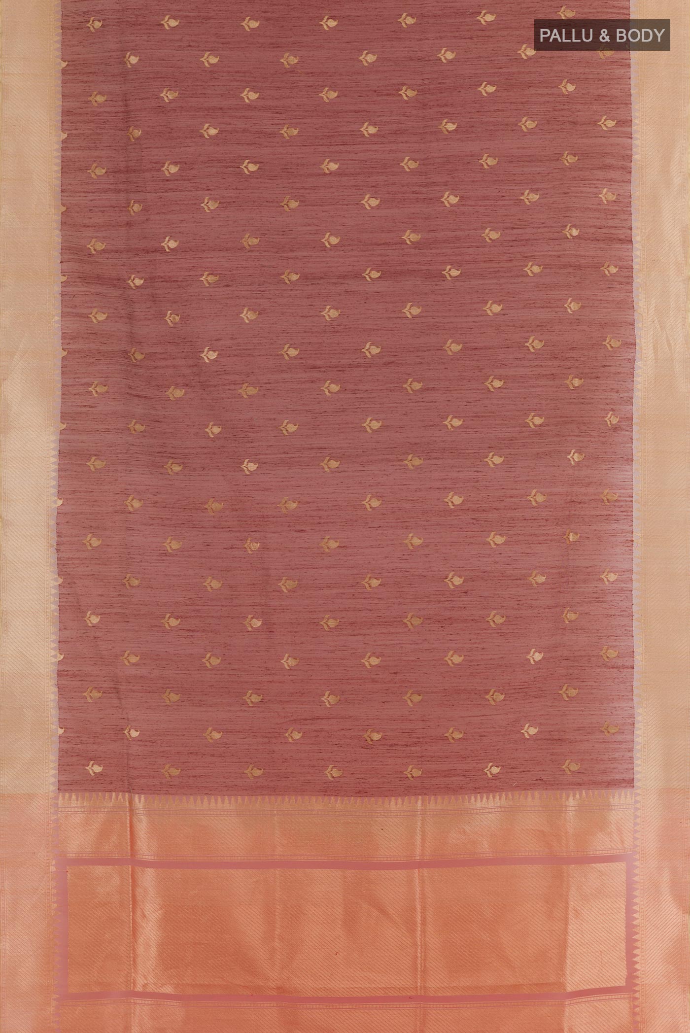 Flat view of Multi Color Banarasi Kora Silk Saree with Half And Half on the body and Zari Border. 