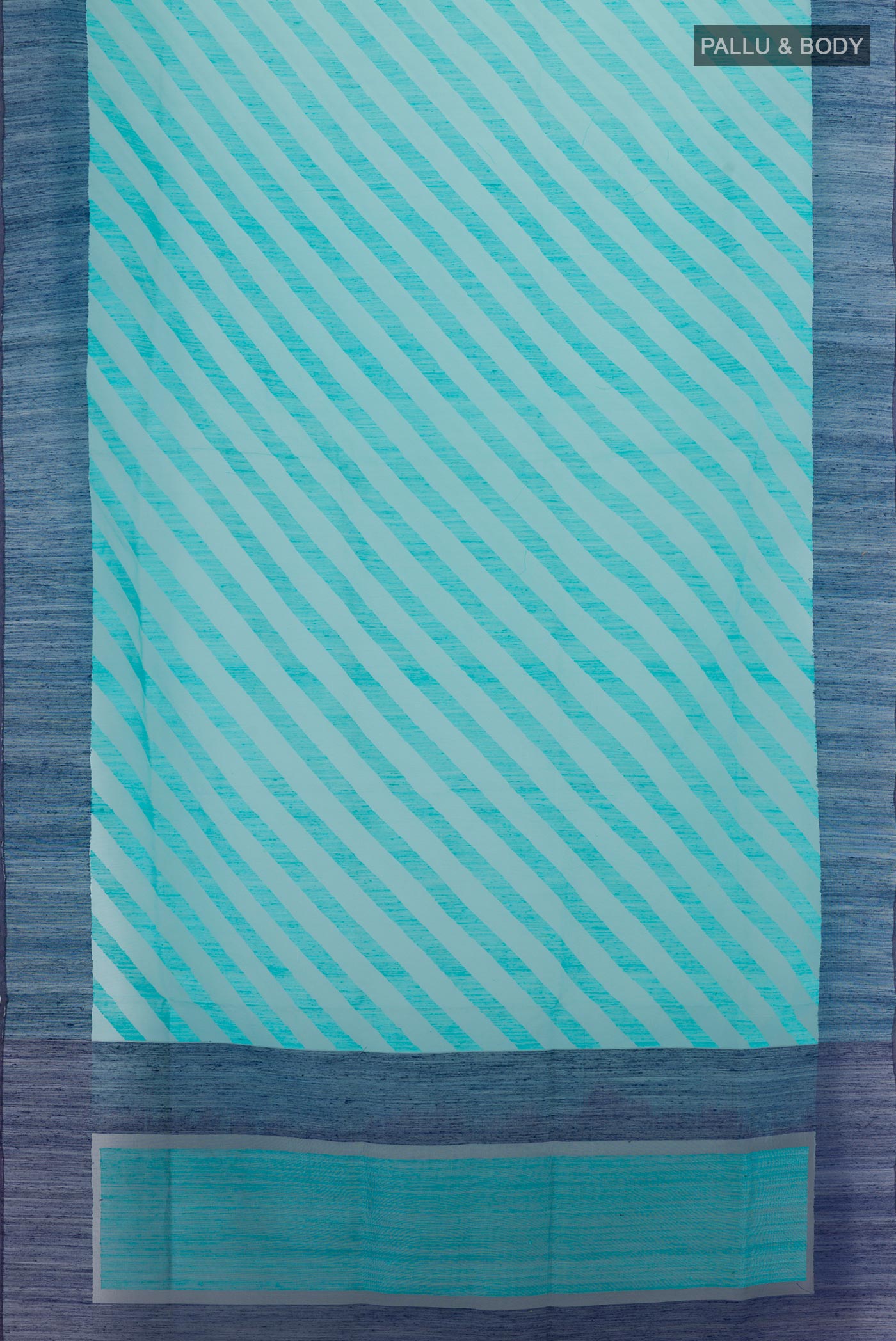 Flat view of Light Blue Banarasi Kora Silk Saree with Thread Butta on the body and Plain Border. 