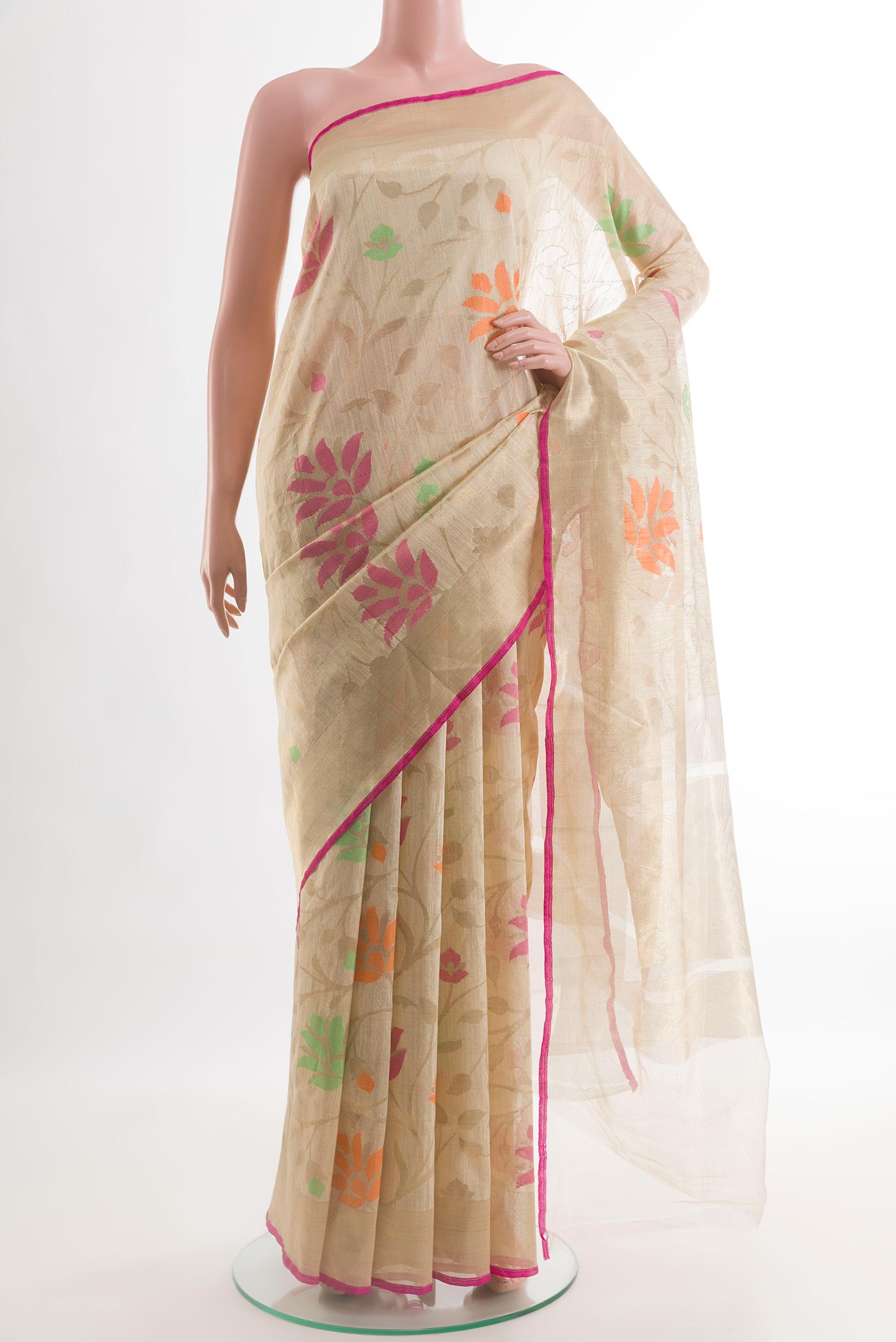 Cream Banarasi Kora Silk Saree with Jacquard With Zari Butta on the body and Zari Border.  displayed on a mannequin