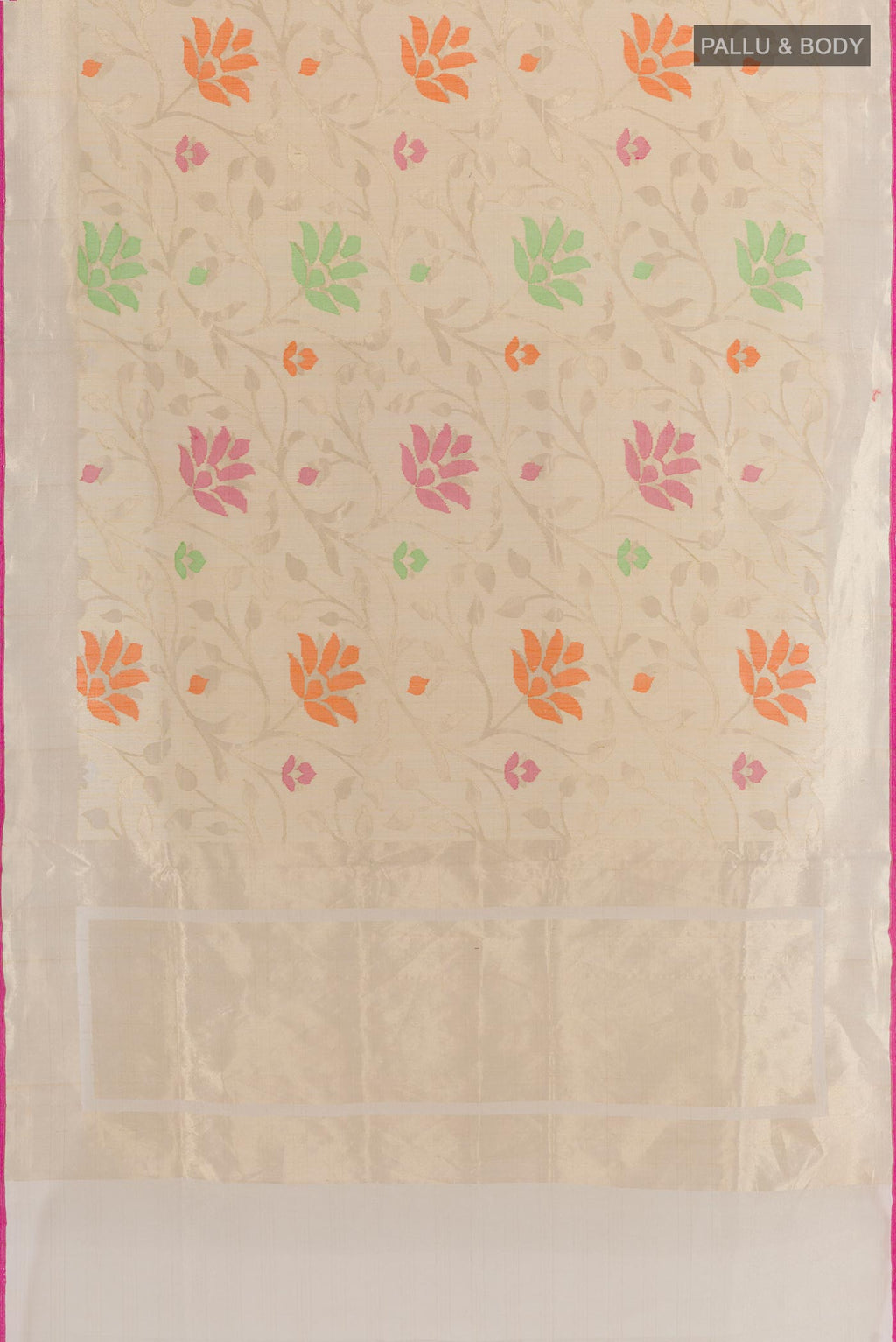 Flat view of Cream Banarasi Kora Silk Saree with Jacquard With Zari Butta on the body and Zari Border. 