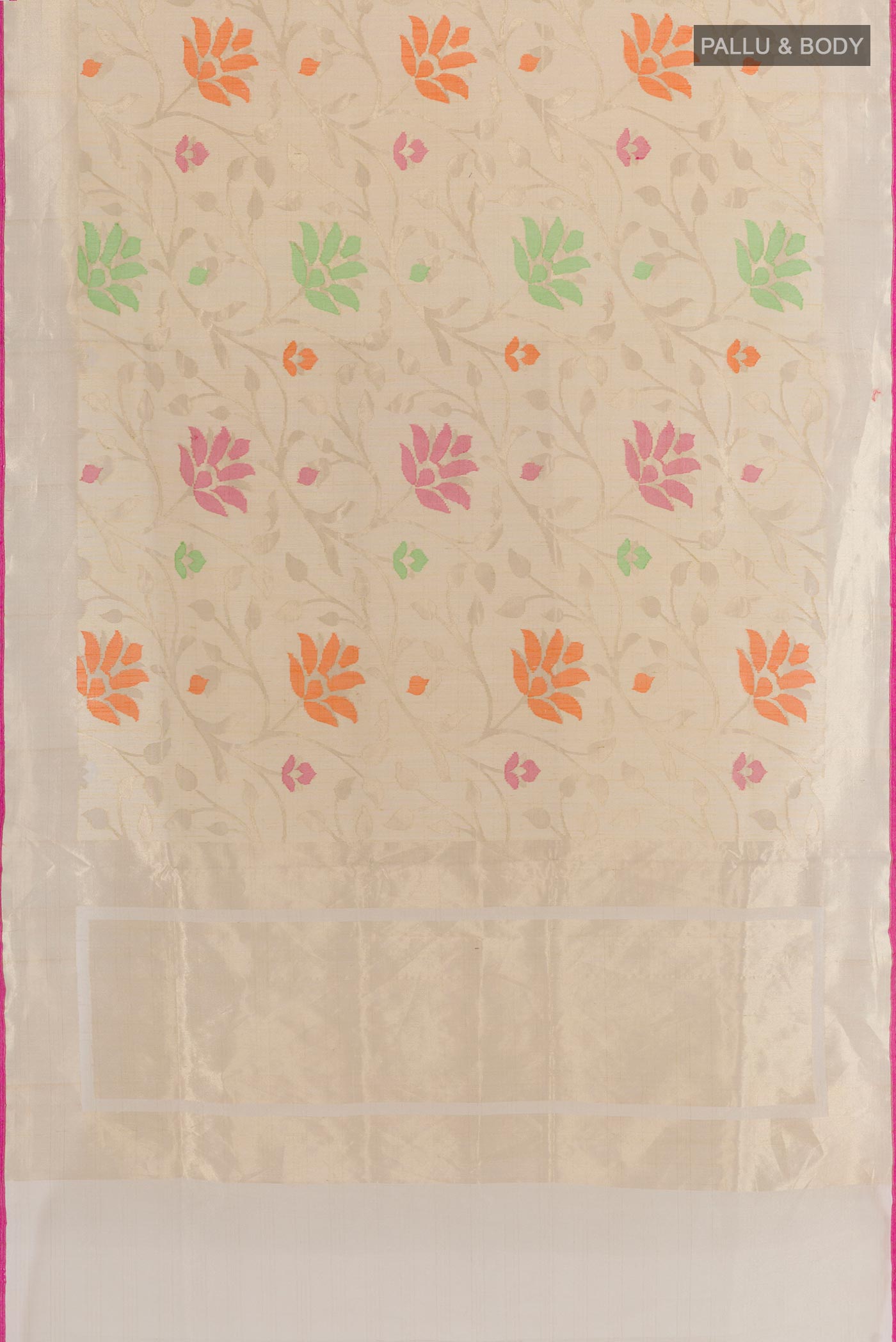 Flat view of Cream Banarasi Kora Silk Saree with Jacquard With Zari Butta on the body and Zari Border. 