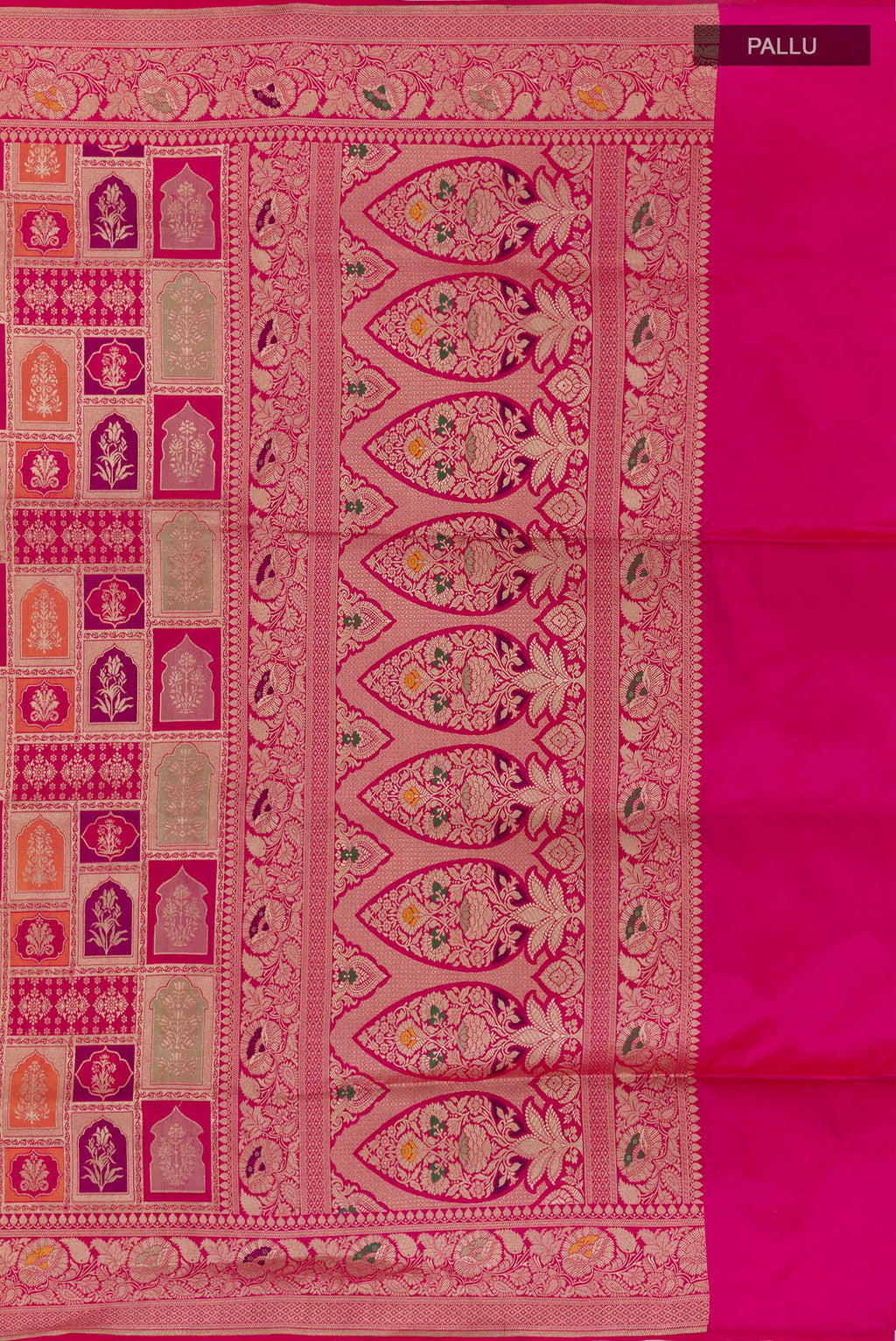 Close up image of the pallu of Multi Color Banarasi Silk Saree with Zari Brocade on the body and Zari Border. 
