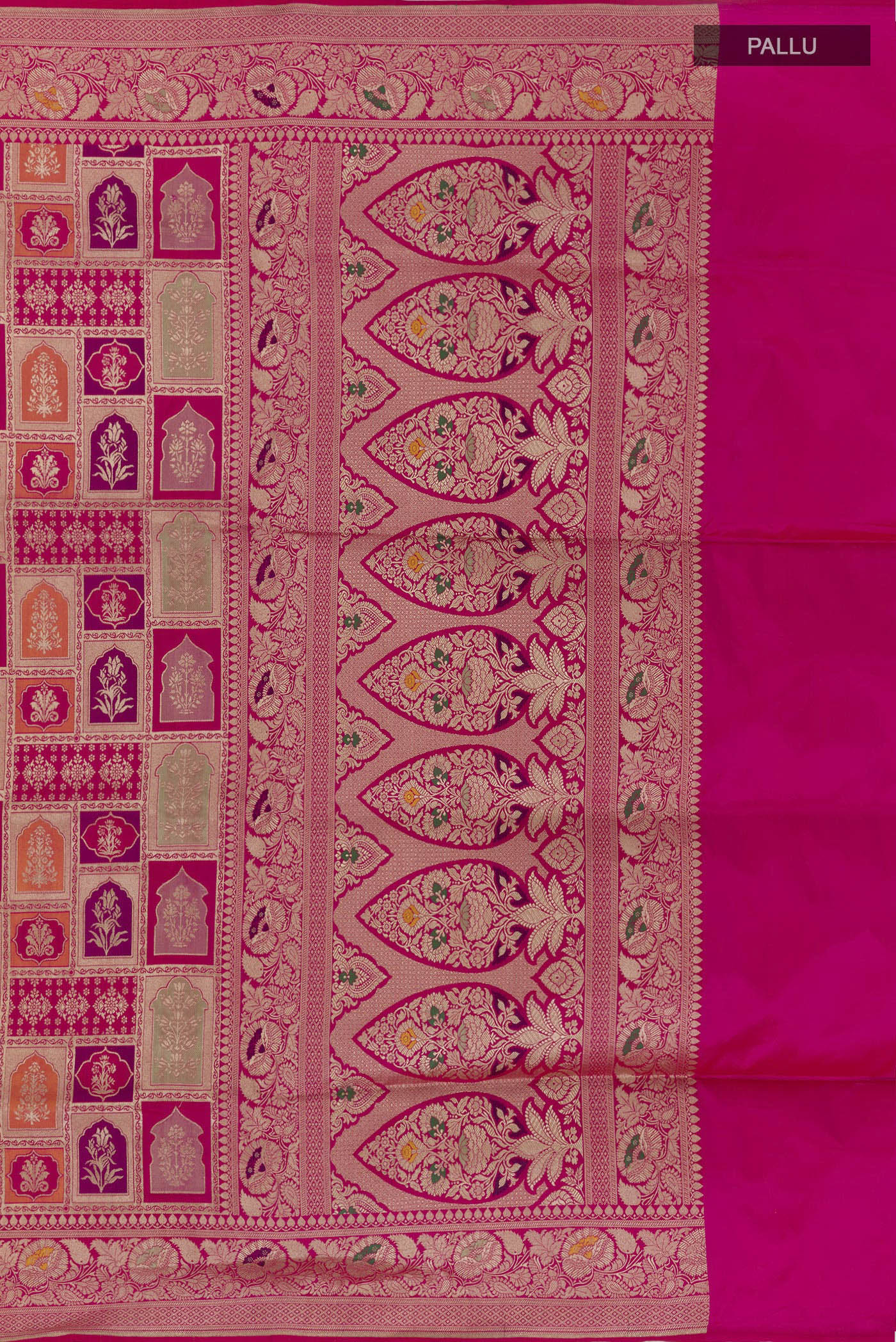 Close up image of the pallu of Multi Color Banarasi Silk Saree with Zari Brocade on the body and Zari Border. 