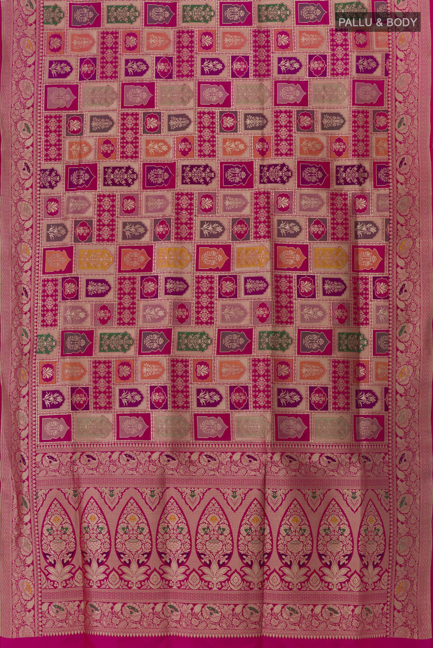 Flat view of Multi Color Banarasi Silk Saree with Zari Brocade on the body and Zari Border. 