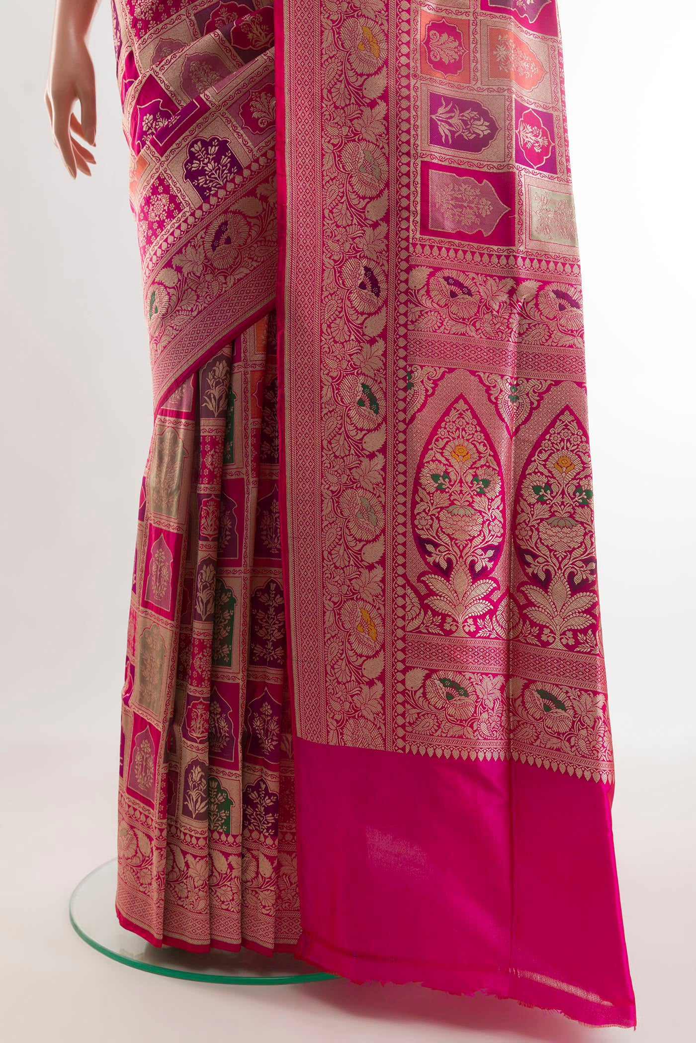 Pleats and pallu of Multi Color Banarasi Silk Saree with Zari Brocade on the body and Zari Border. 