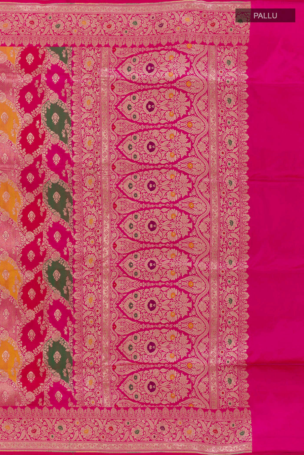 Close up image of the pallu of Multi Color Banarasi Silk Saree with Zari Brocade on the body and Zari Border. 
