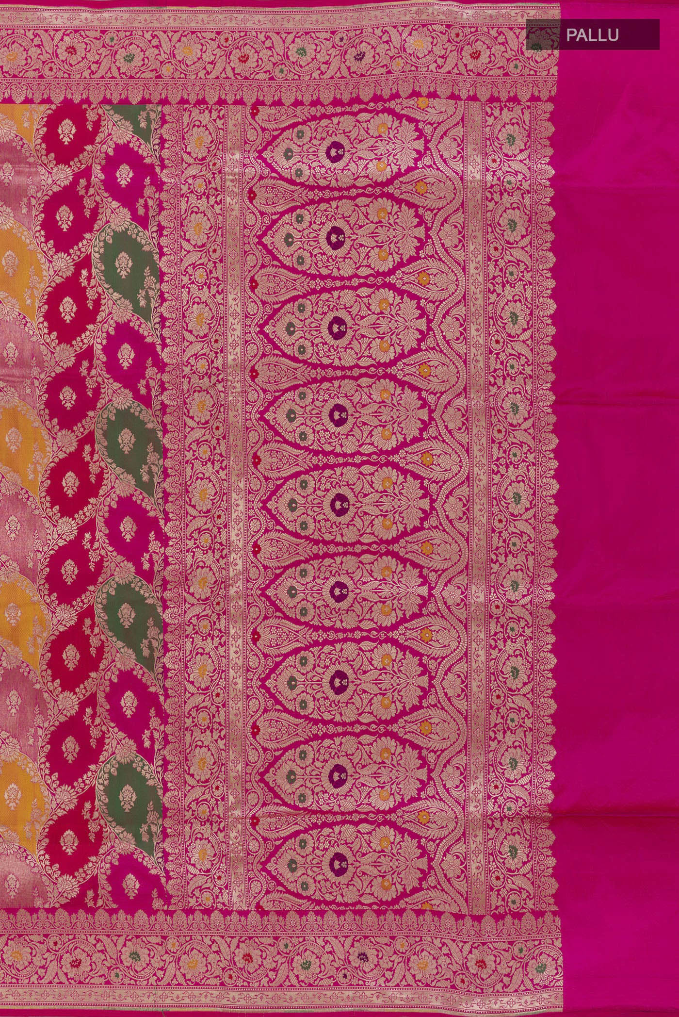 Close up image of the pallu of Multi Color Banarasi Silk Saree with Zari Brocade on the body and Zari Border. 