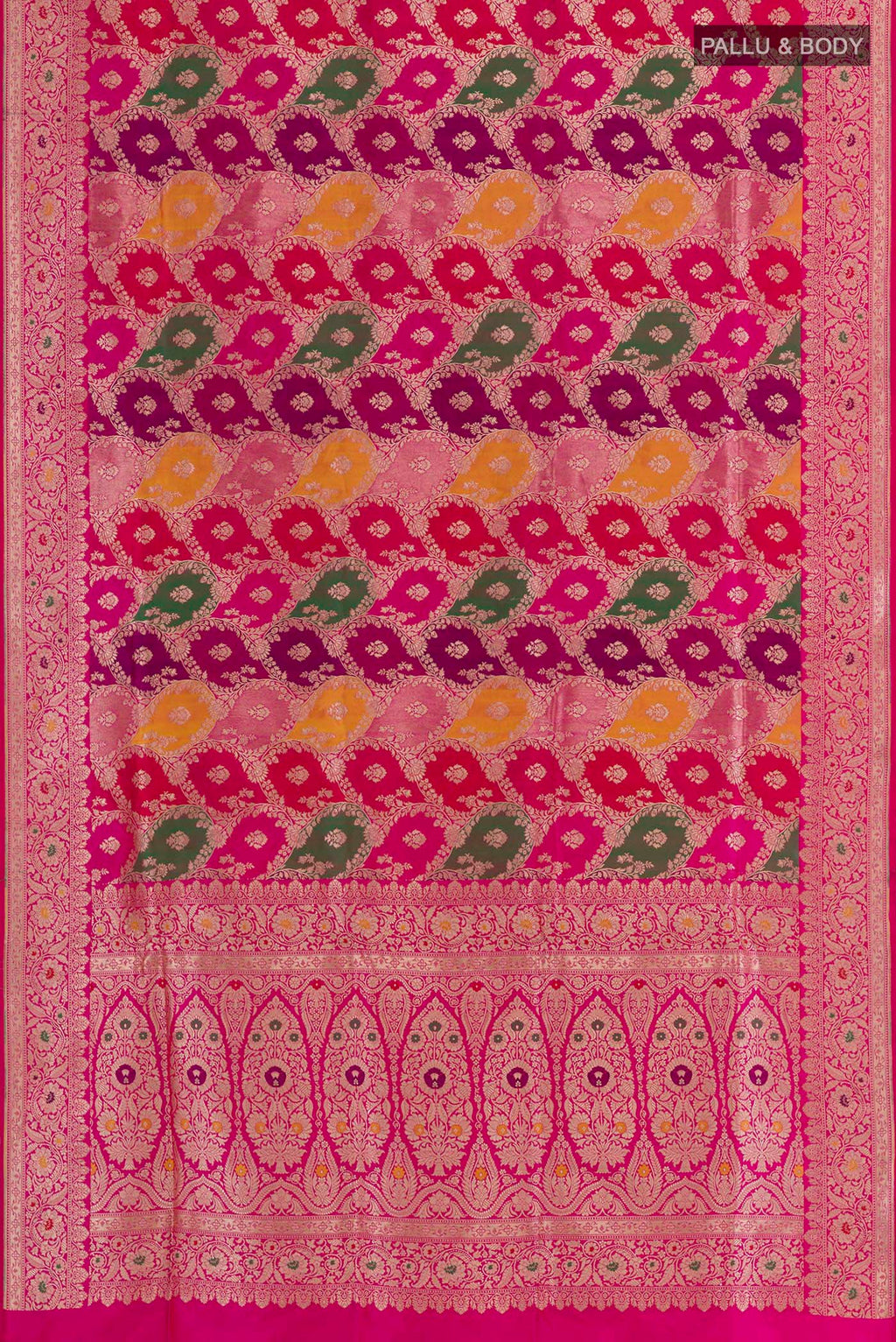 Flat view of Multi Color Banarasi Silk Saree with Zari Brocade on the body and Zari Border. 