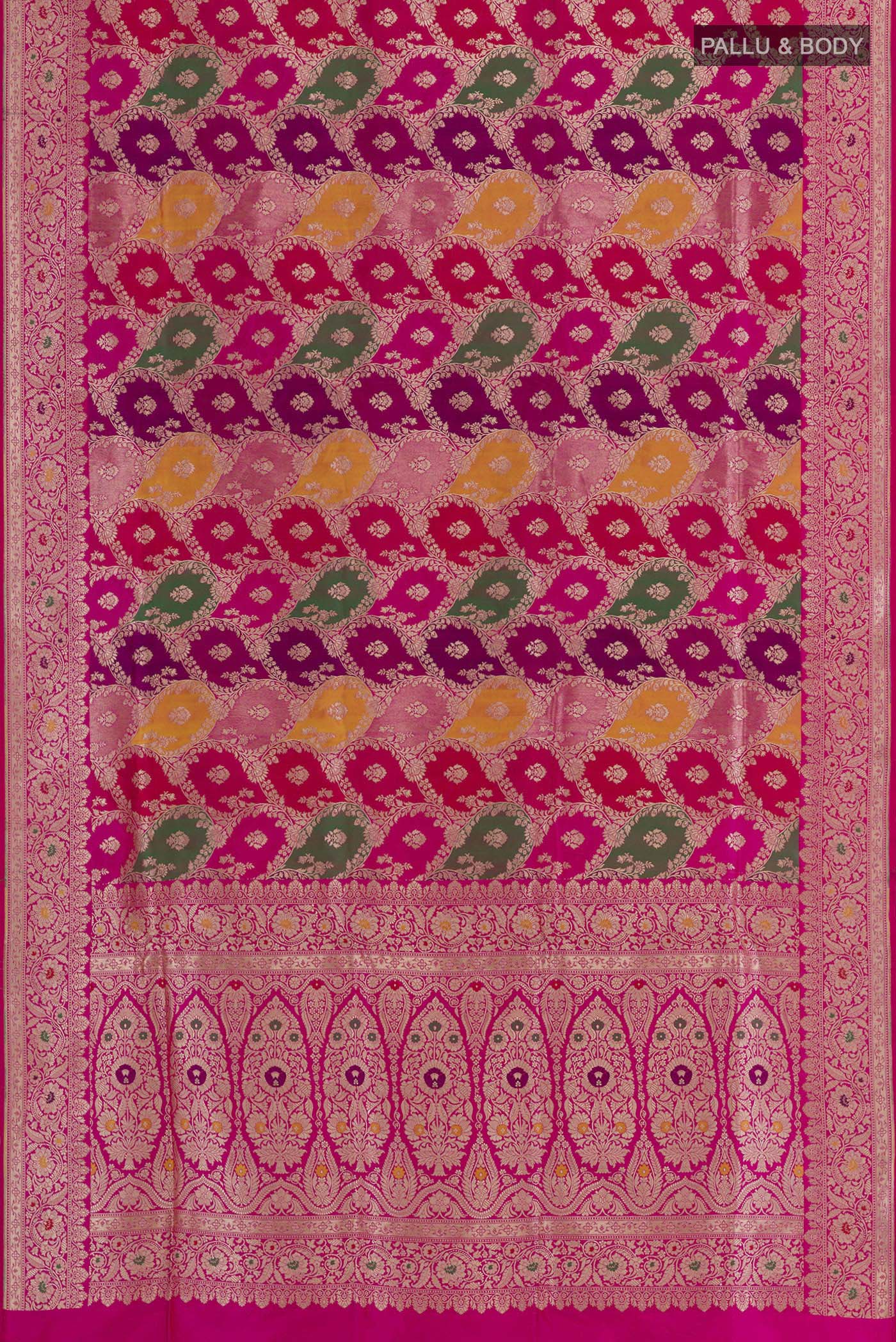 Flat view of Multi Color Banarasi Silk Saree with Zari Brocade on the body and Zari Border. 