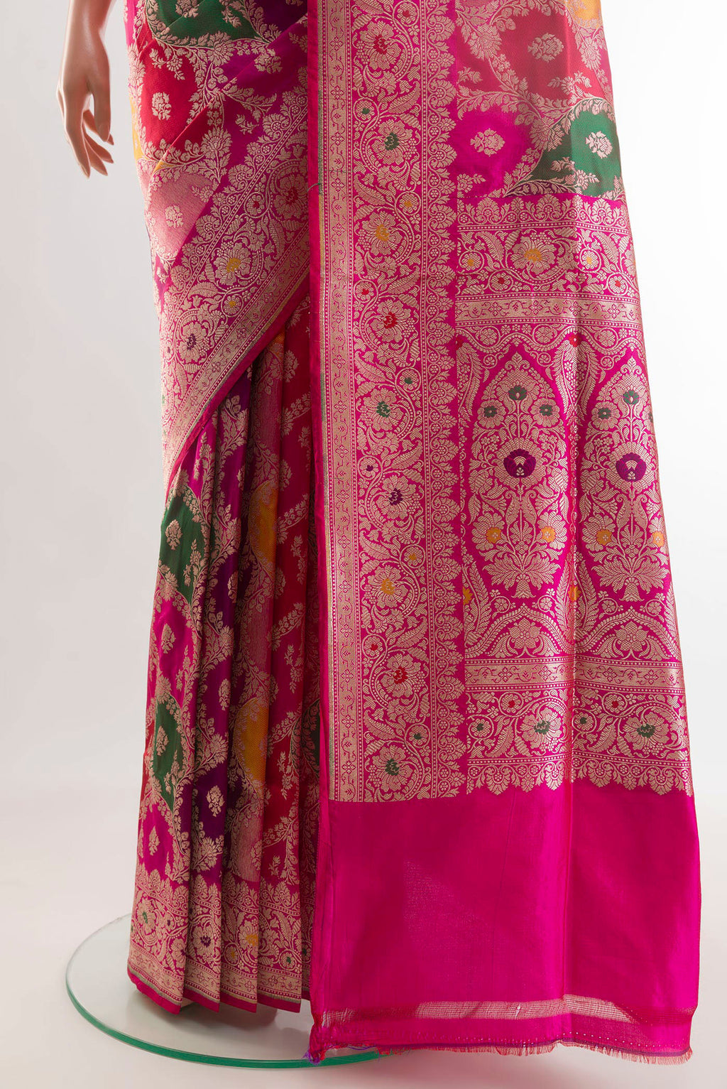 Pleats and pallu of Multi Color Banarasi Silk Saree with Zari Brocade on the body and Zari Border. 