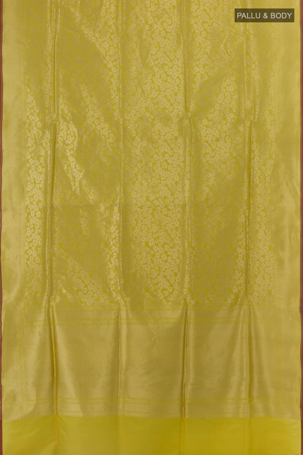 Flat view of Yellow Banarasi Silk Saree with Zari Brocade on the body and Zari Border. 