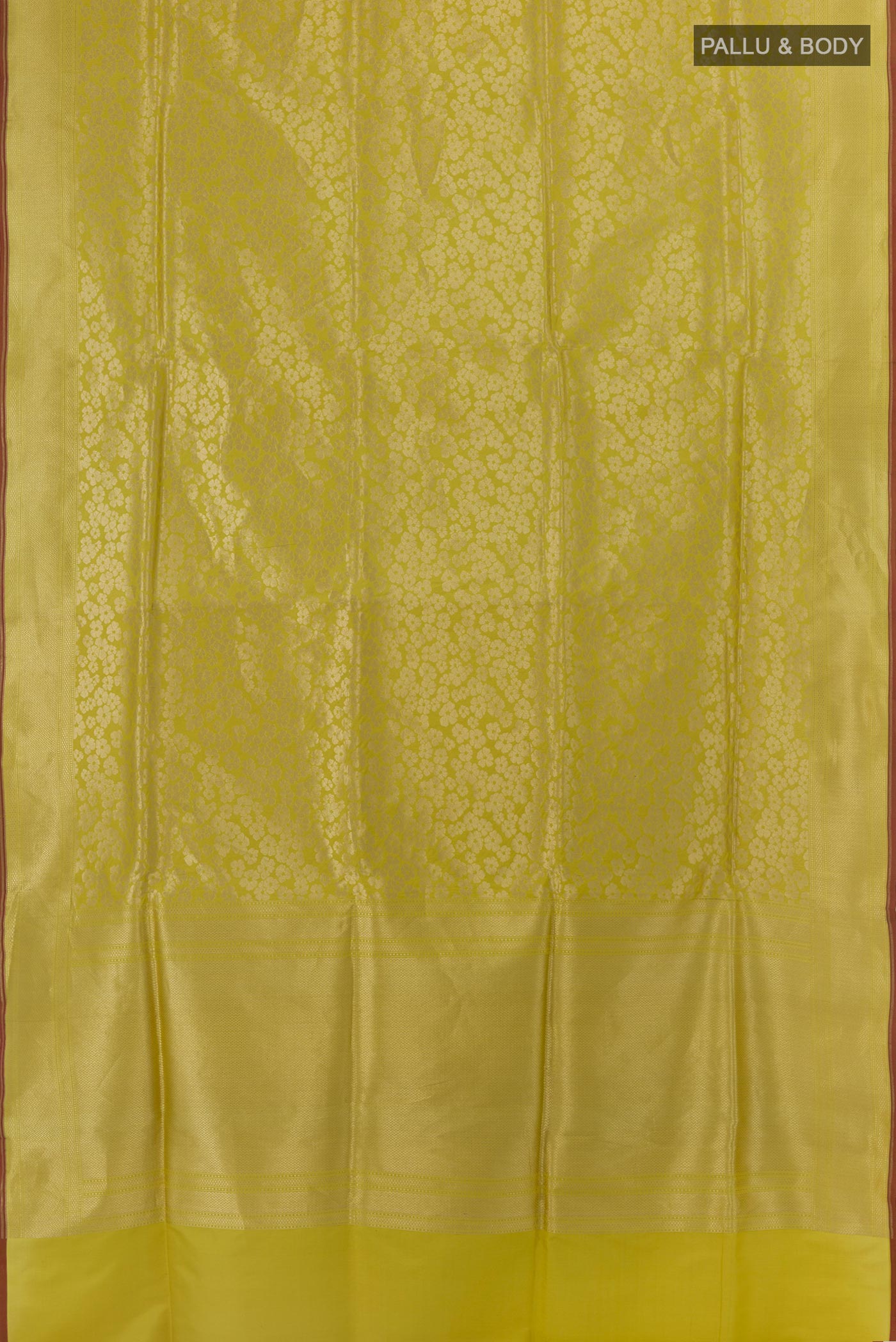 Flat view of Yellow Banarasi Silk Saree with Zari Brocade on the body and Zari Border. 