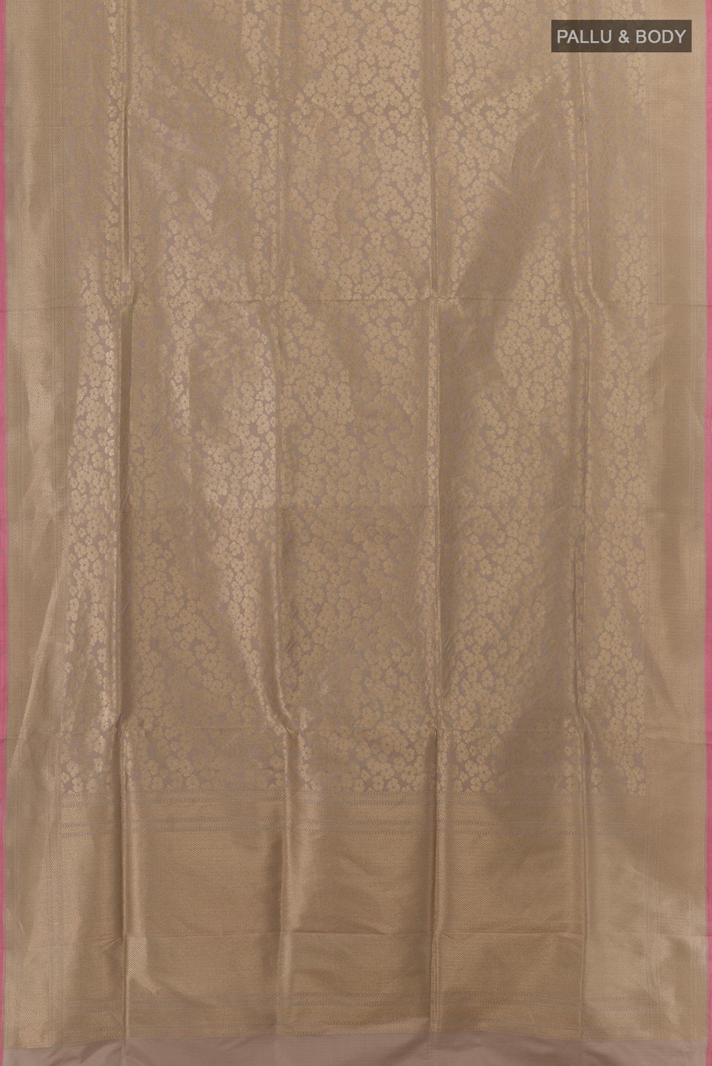 Flat view of Grey Banarasi Silk Saree with Zari Brocade on the body and Zari Border. 