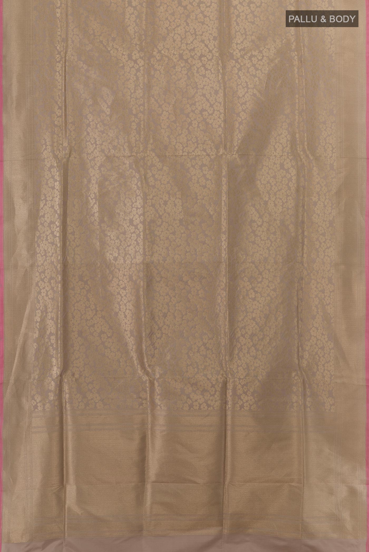 Flat view of Grey Banarasi Silk Saree with Zari Brocade on the body and Zari Border. 