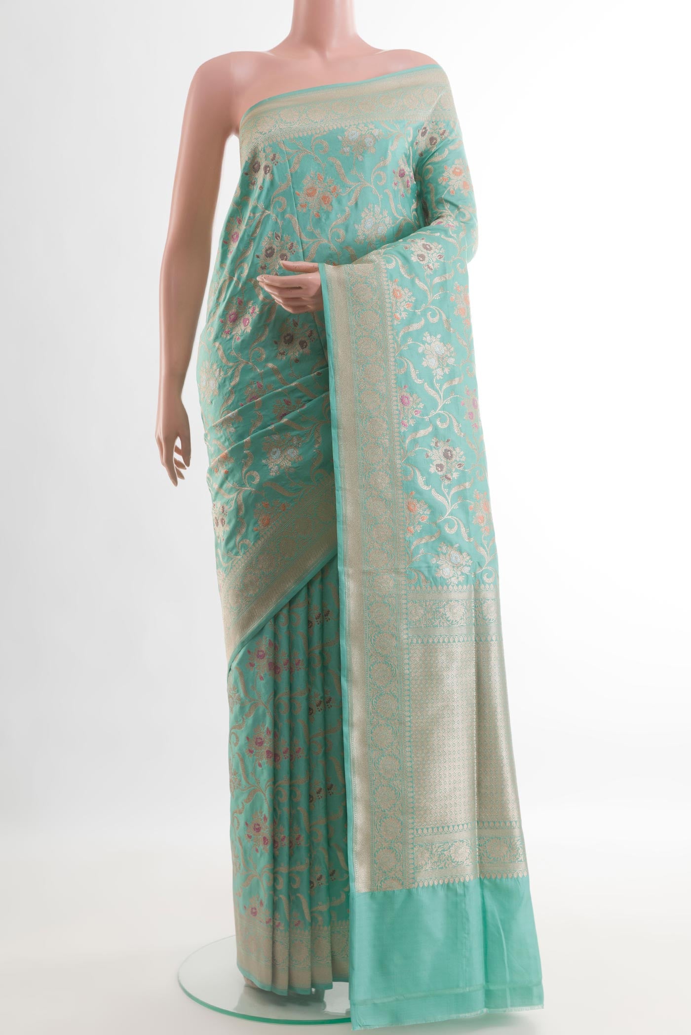 Light Blue Banarasi Silk Saree with Zari Brocade on the body and Zari Border.  displayed on a mannequin