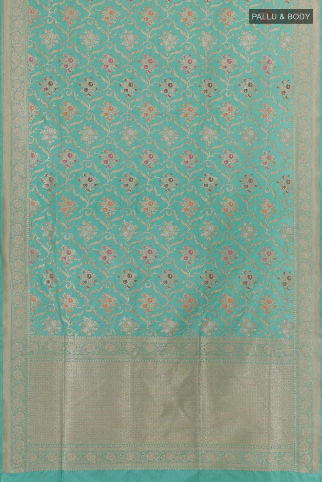 Flat view of Light Blue Banarasi Silk Saree with Zari Brocade on the body and Zari Border. 