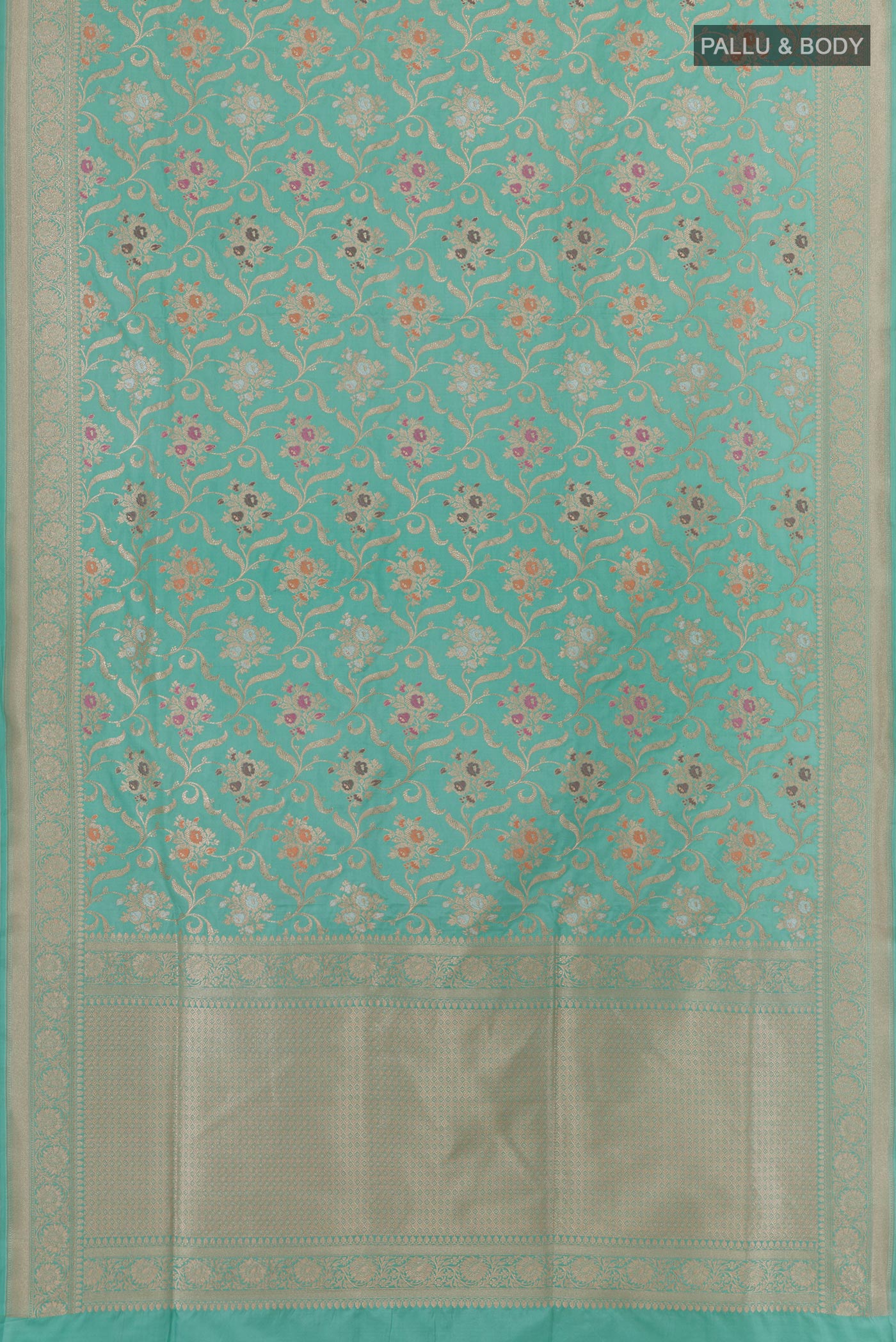 Flat view of Light Blue Banarasi Silk Saree with Zari Brocade on the body and Zari Border. 
