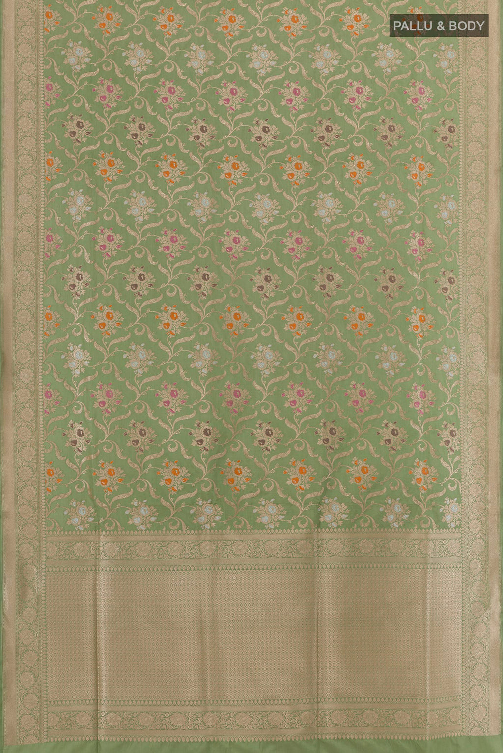 Flat view of Sage Green Banarasi Silk Saree with Zari Brocade on the body and Zari Border. 