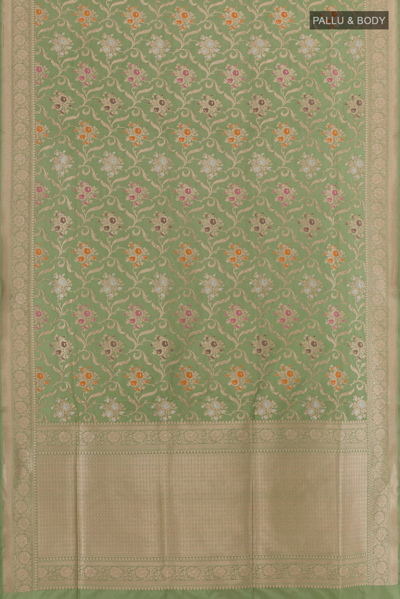 Flat view of Sage Green Banarasi Silk Saree with Zari Brocade on the body and Zari Border. 