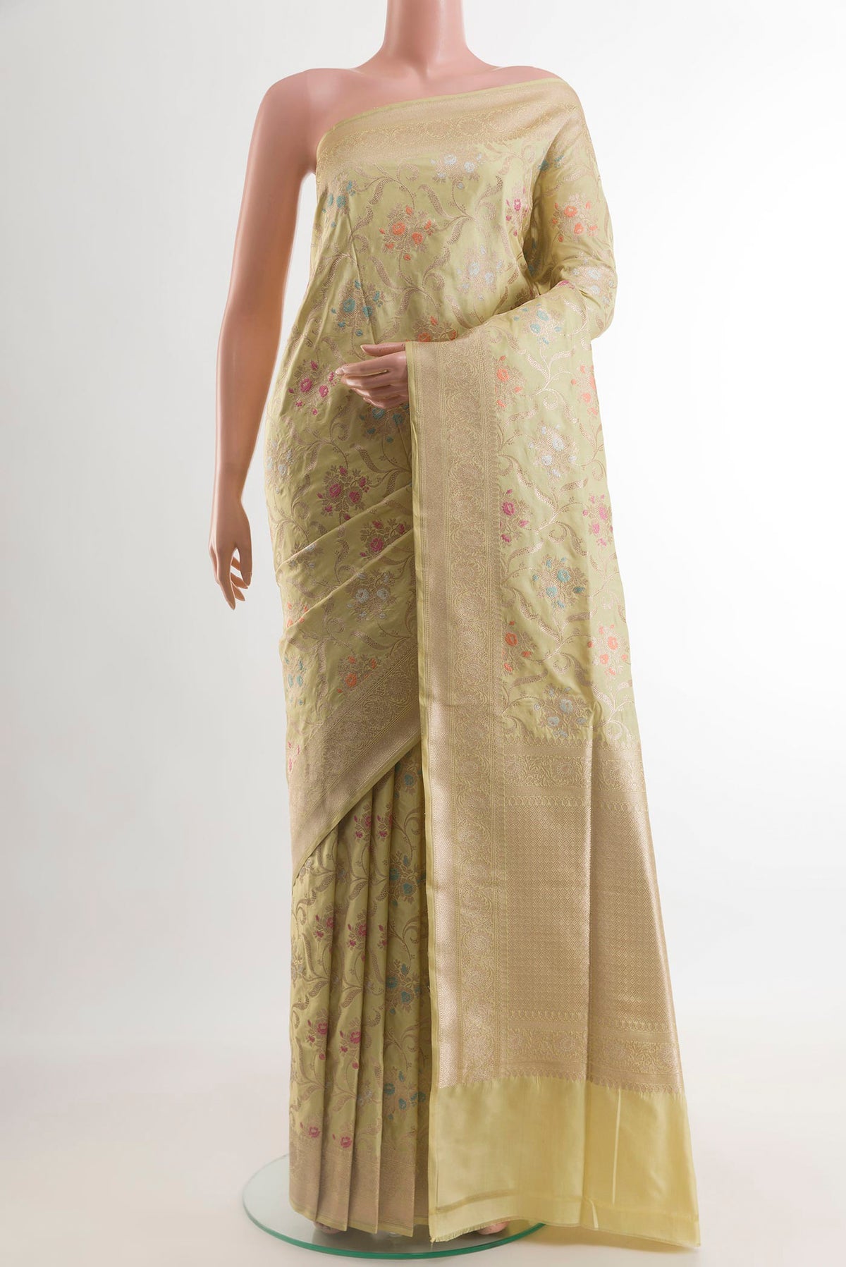 Sandal Banarasi Silk Saree with Zari Brocade on the body and Zari Border.  displayed on a mannequin