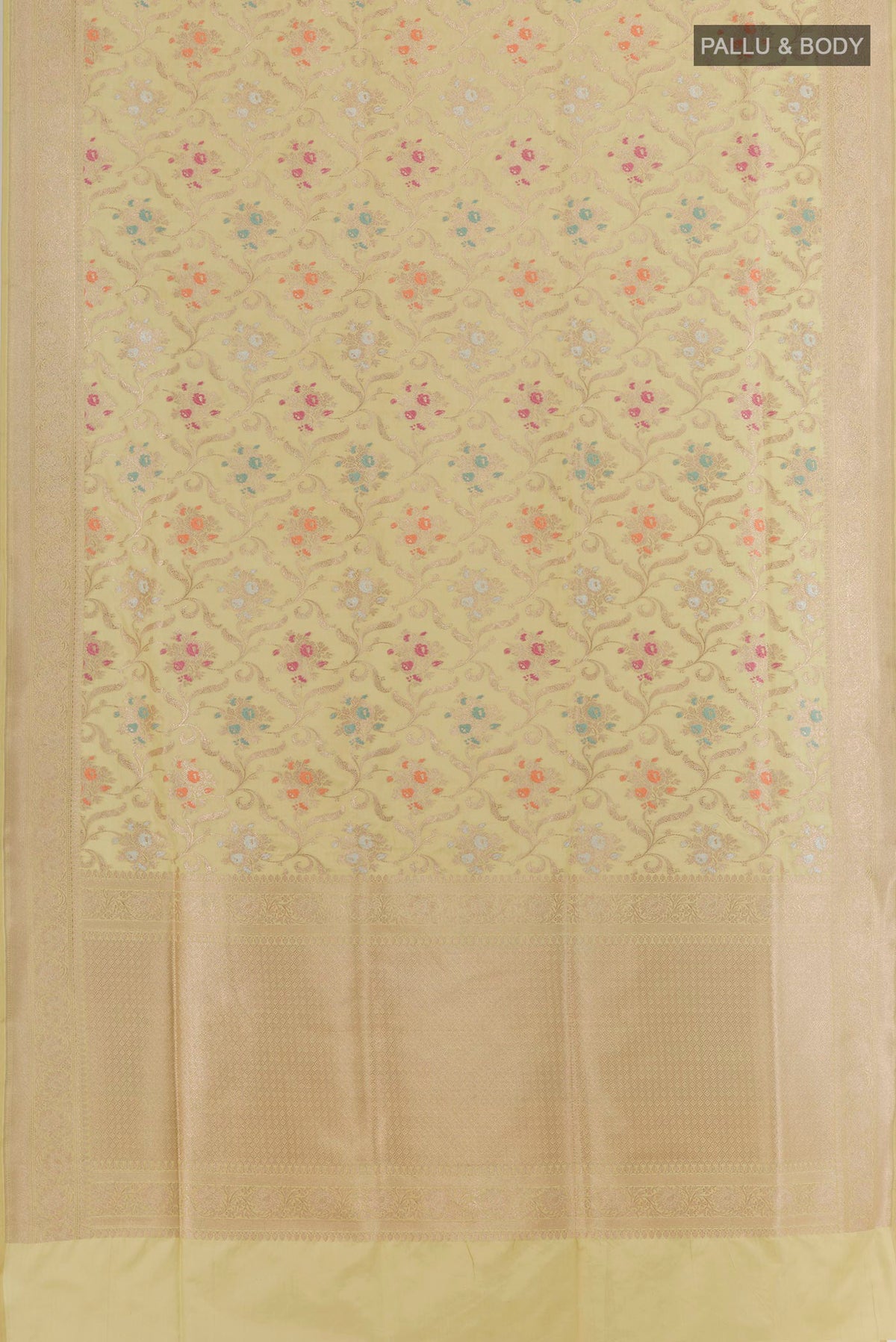 Flat view of Sandal Banarasi Silk Saree with Zari Brocade on the body and Zari Border. 