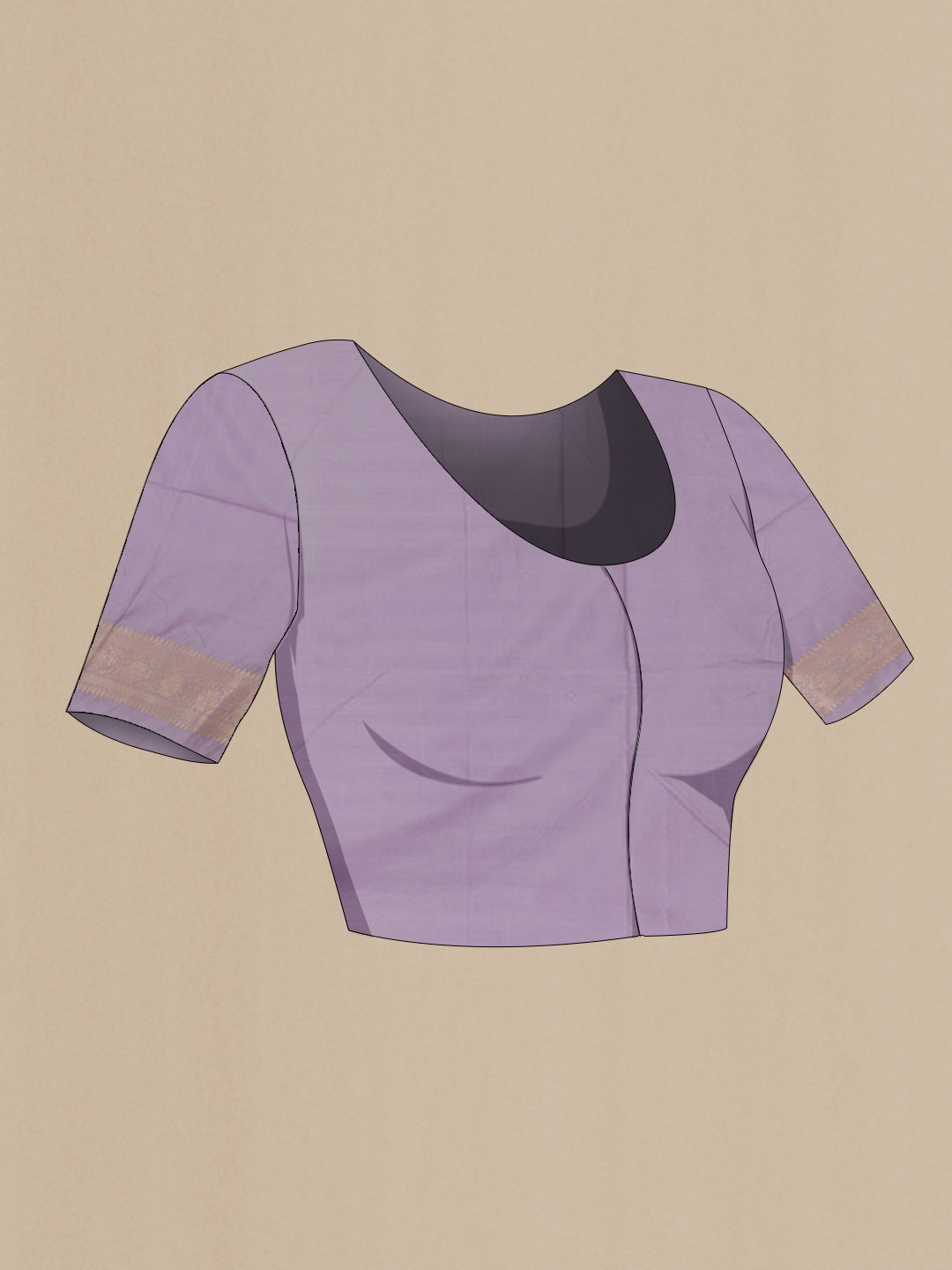 Close up image of the blouse of Lavender Banarasi Silk Saree with Zari Brocade on the body and Zari Border. 